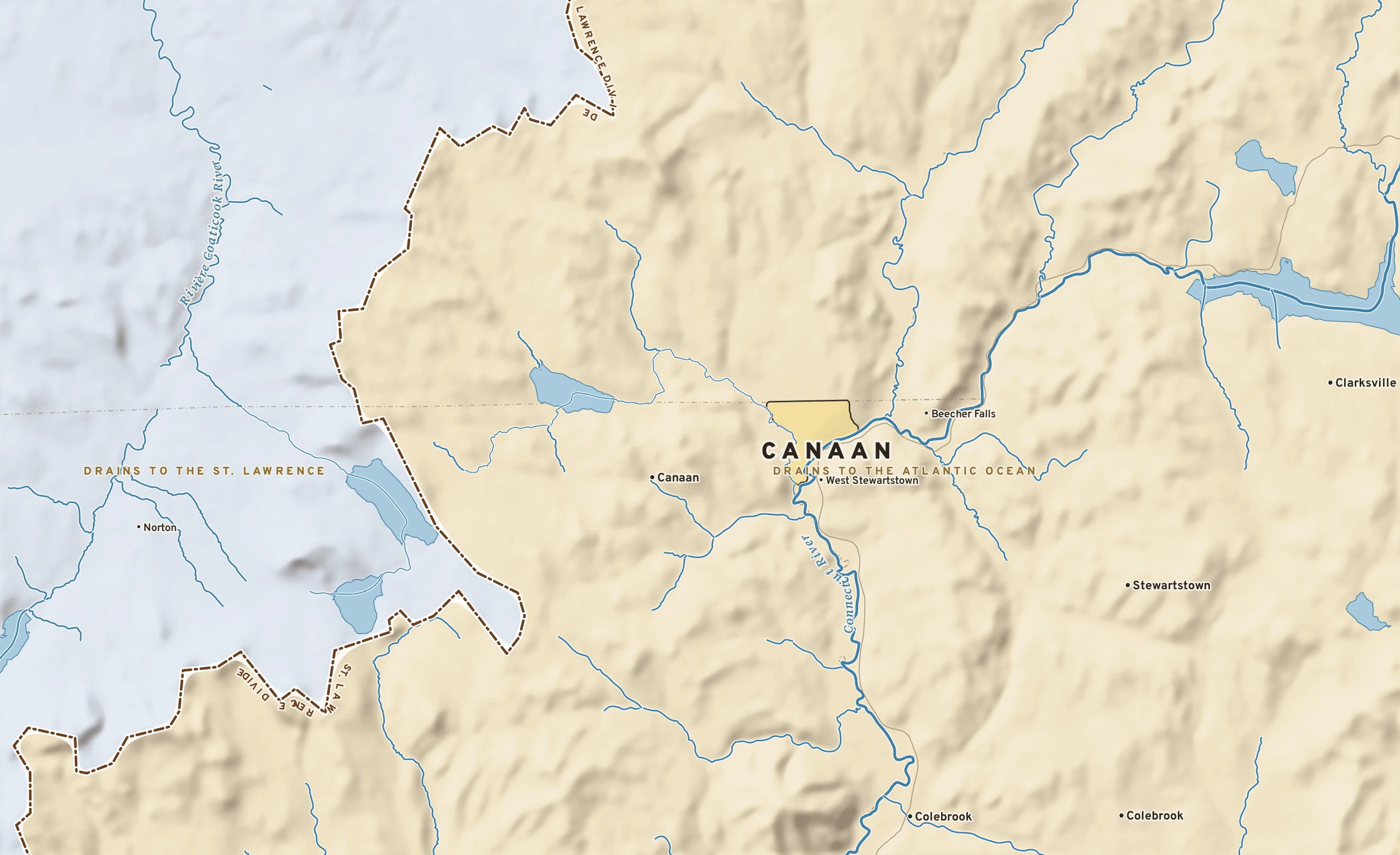 Shaded-relief atlas plate of Canaan, Vermont: rivers, roads, the city limits and where the water drains.
