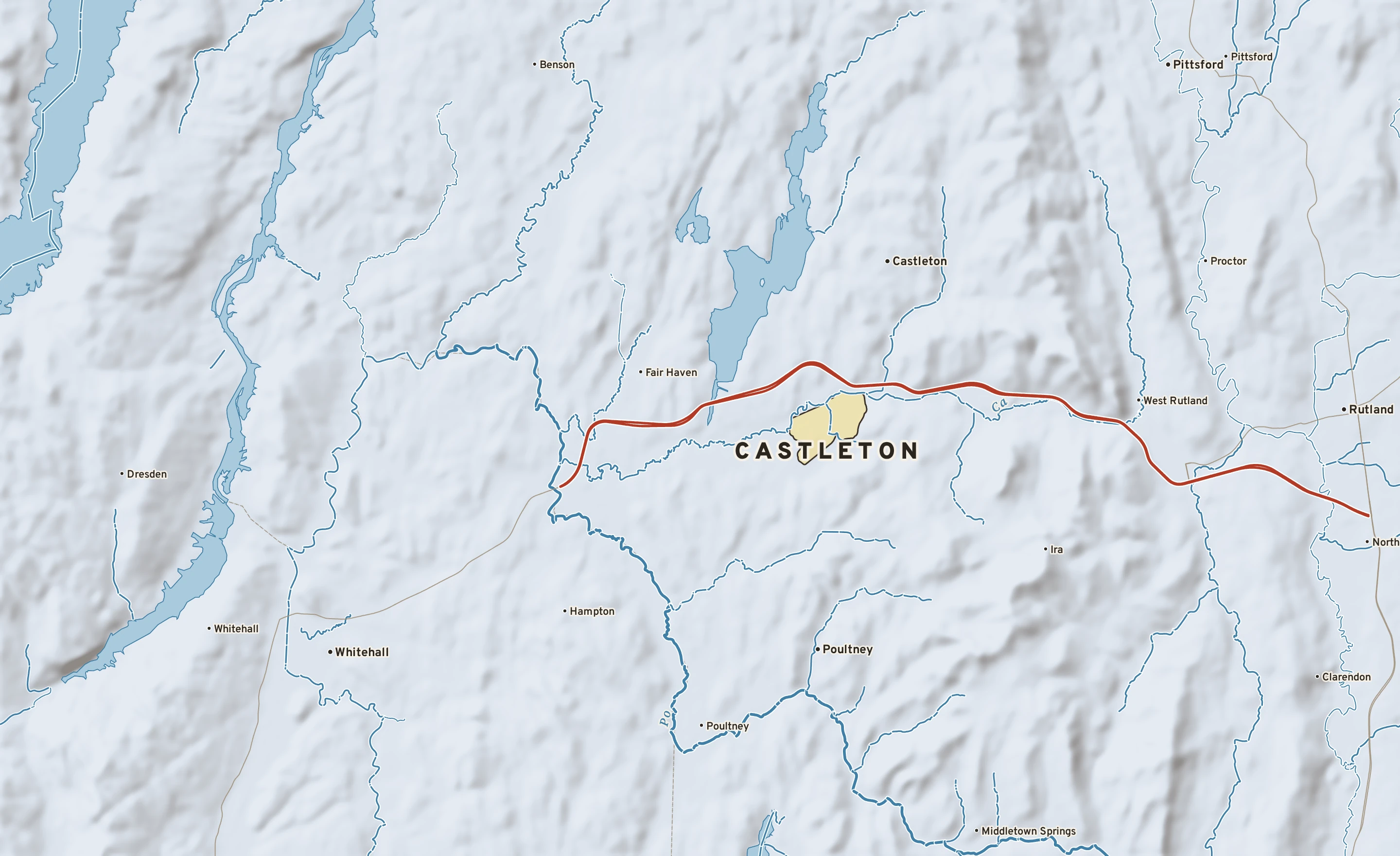 Shaded-relief atlas plate of Castleton, Vermont: rivers, roads, the city limits and where the water drains.