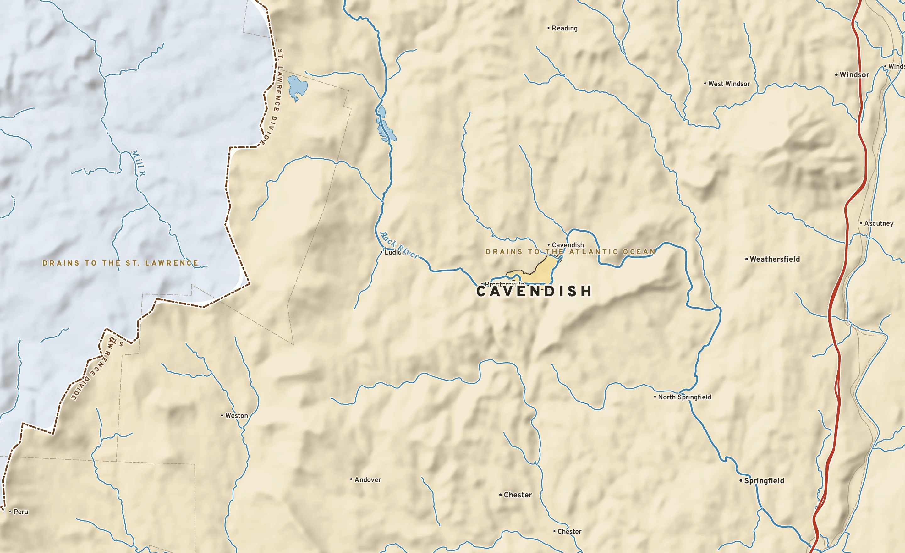 Shaded-relief atlas plate of Cavendish, Vermont: rivers, roads, the city limits and where the water drains.