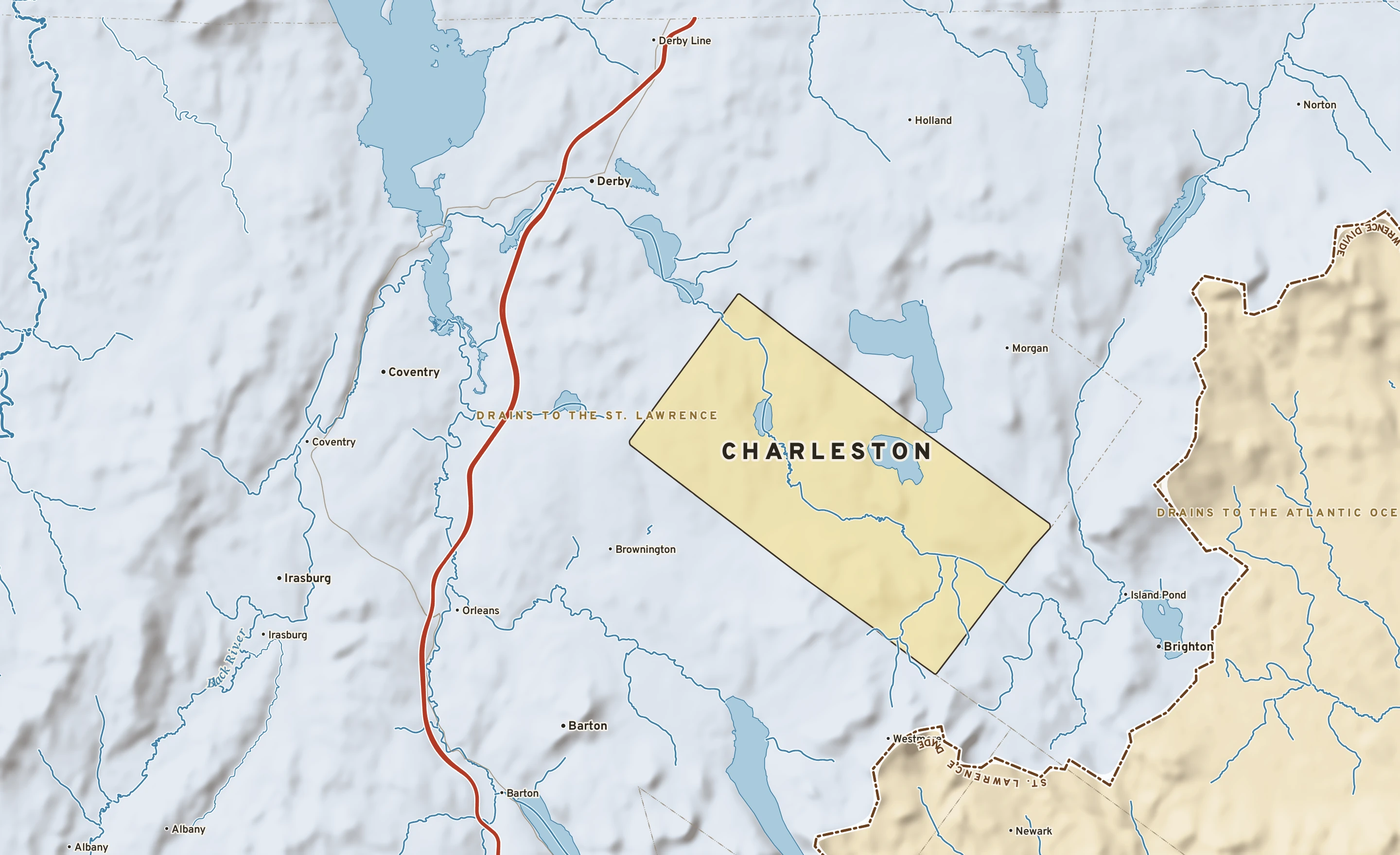 Shaded-relief atlas plate of Charleston, Vermont: rivers, roads, the city limits and where the water drains.