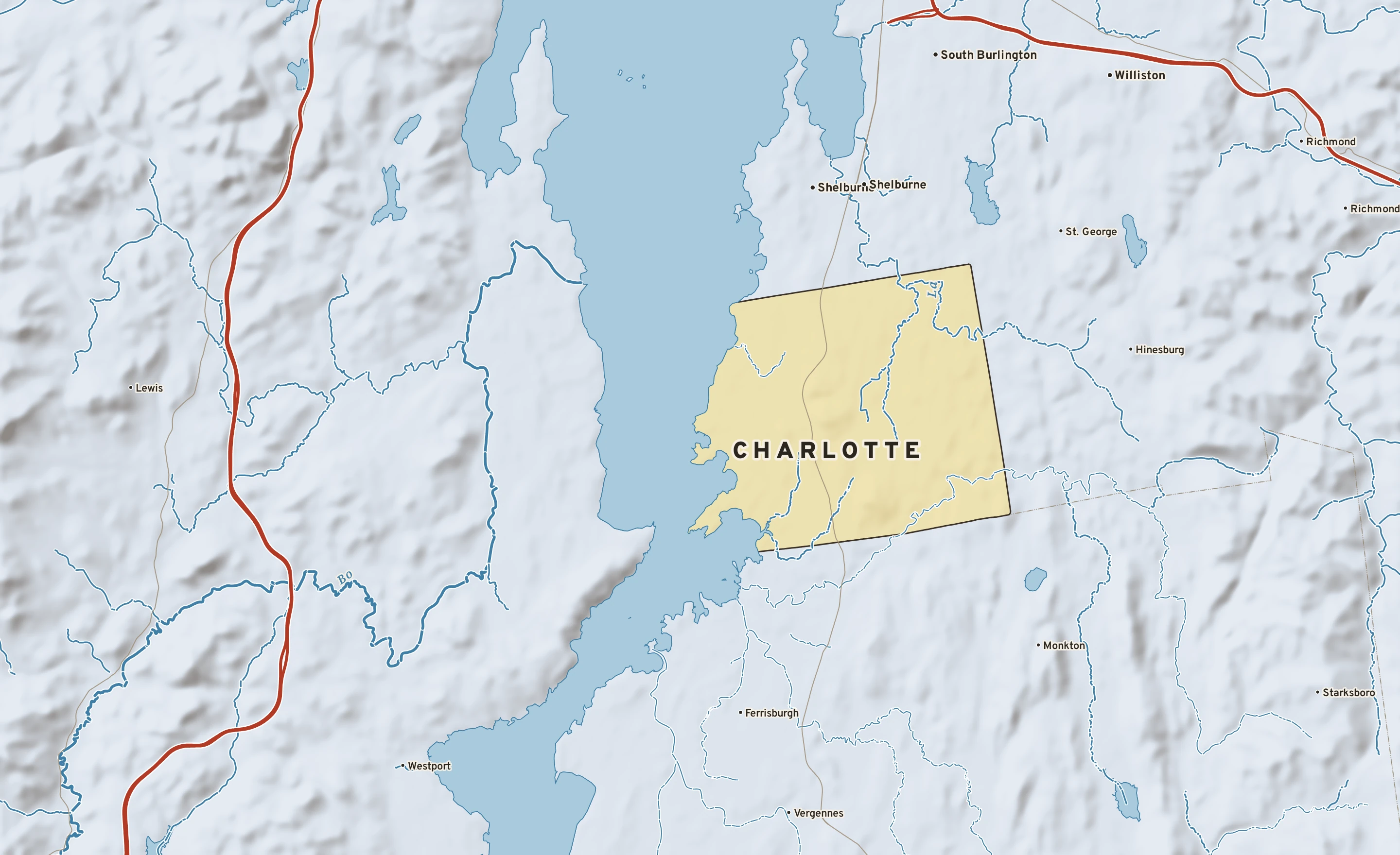 Shaded-relief atlas plate of Charlotte, Vermont: rivers, roads, the city limits and where the water drains.