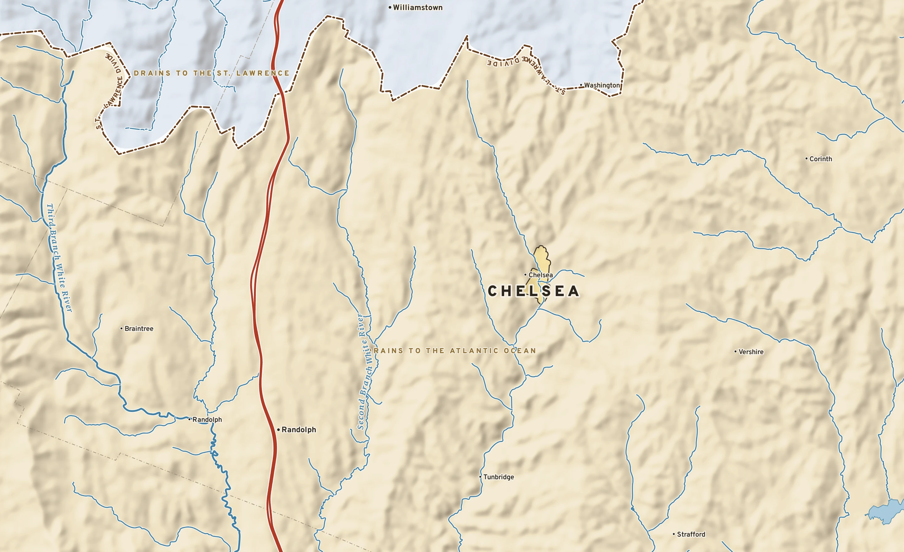 Shaded-relief atlas plate of Chelsea, Vermont: rivers, roads, the city limits and where the water drains.