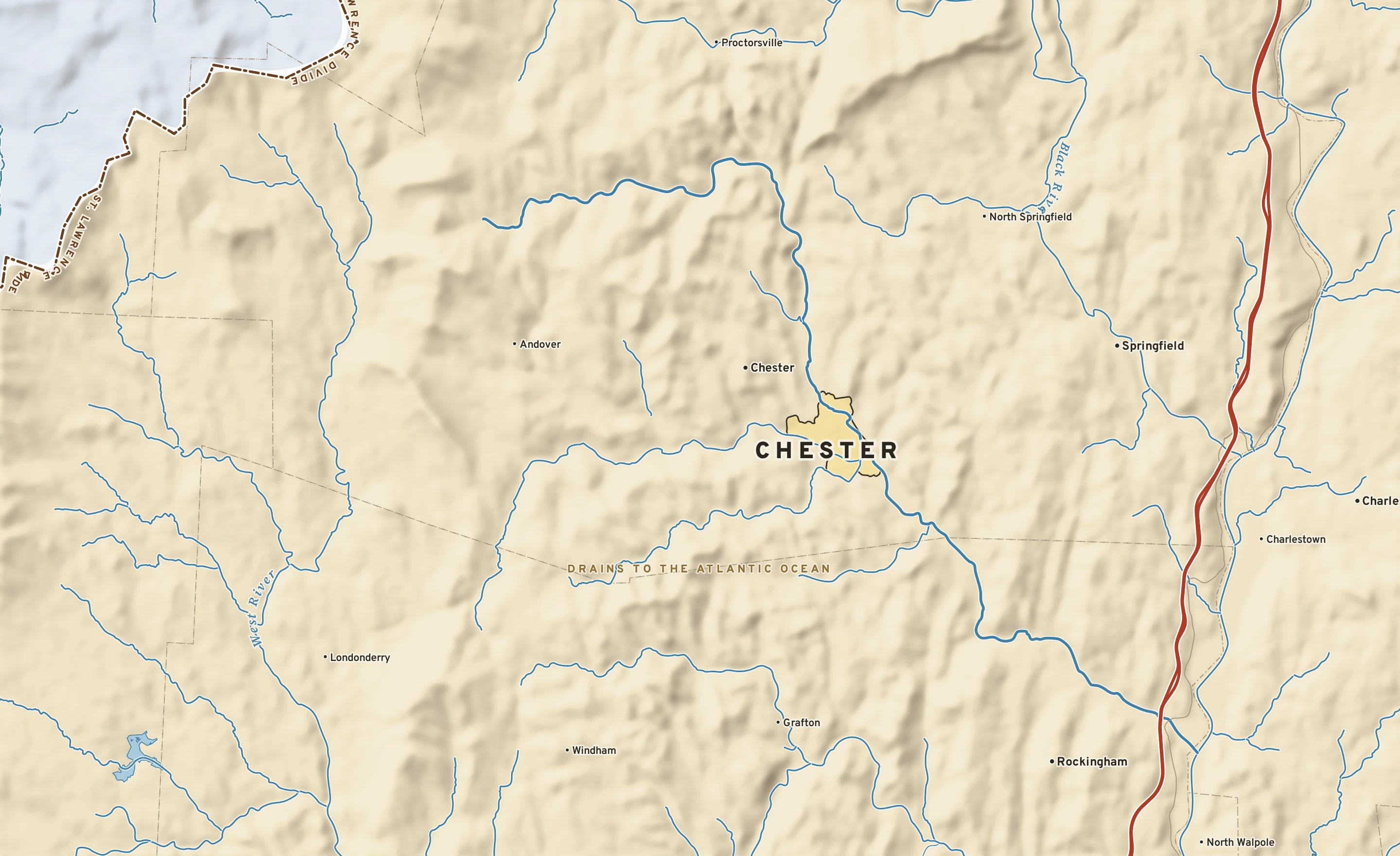 Shaded-relief atlas plate of Chester, Vermont: rivers, roads, the city limits and where the water drains.
