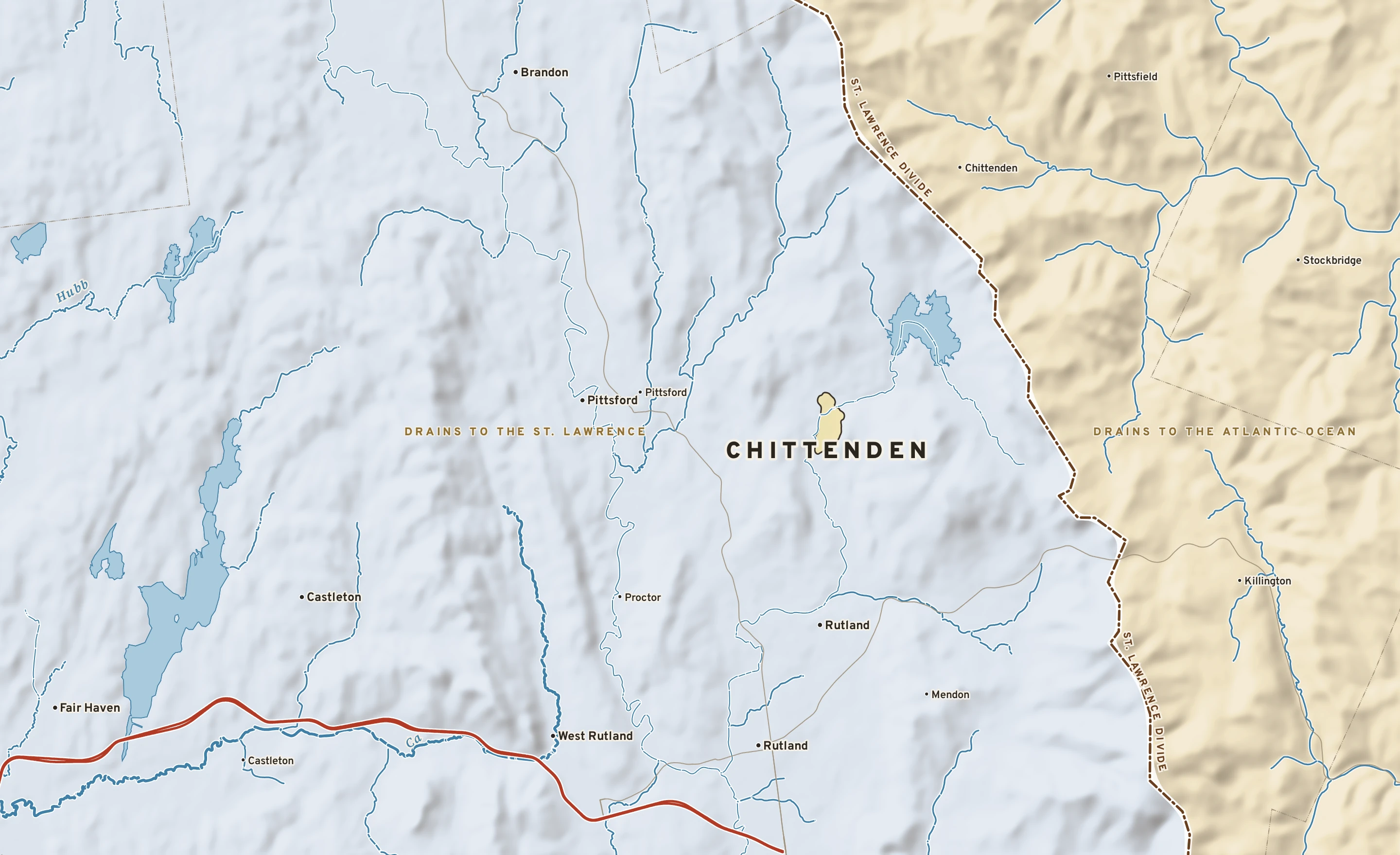 Shaded-relief atlas plate of Chittenden, Vermont: rivers, roads, the city limits and where the water drains.