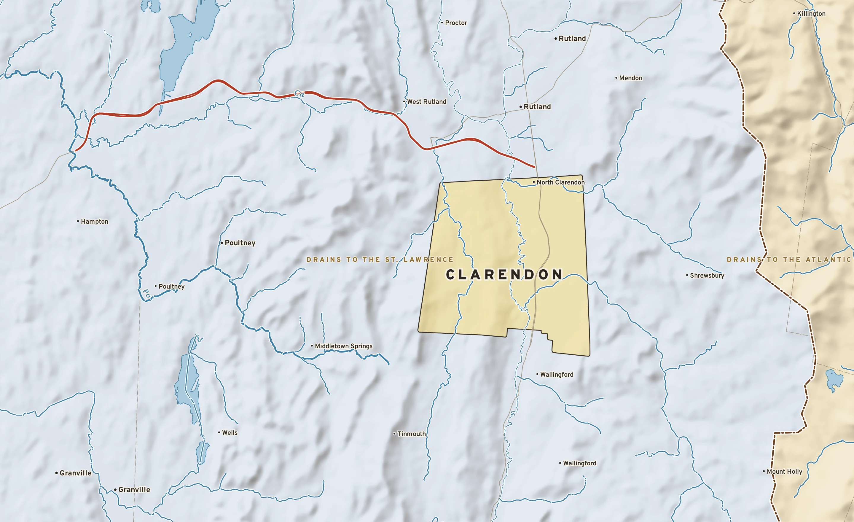 Shaded-relief atlas plate of Clarendon, Vermont: rivers, roads, the city limits and where the water drains.