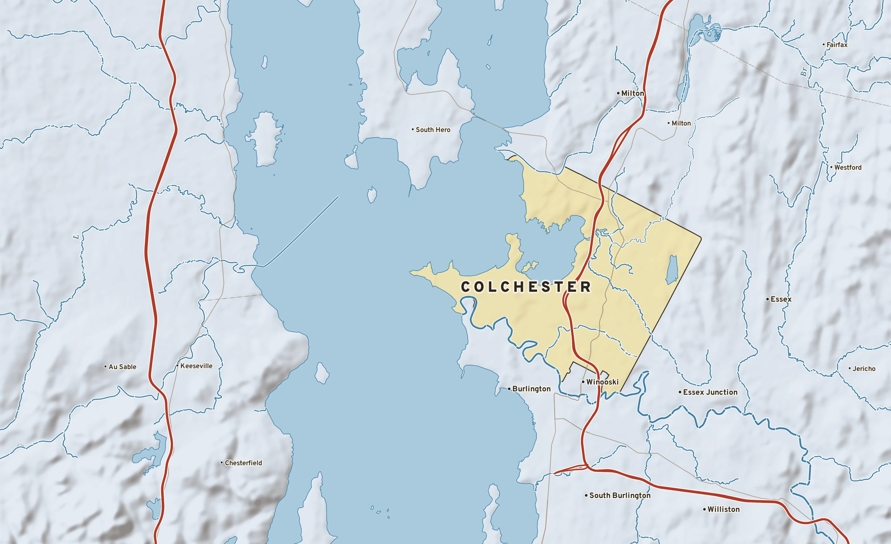 Shaded-relief atlas plate of Colchester, Vermont: rivers, roads, the city limits and where the water drains.