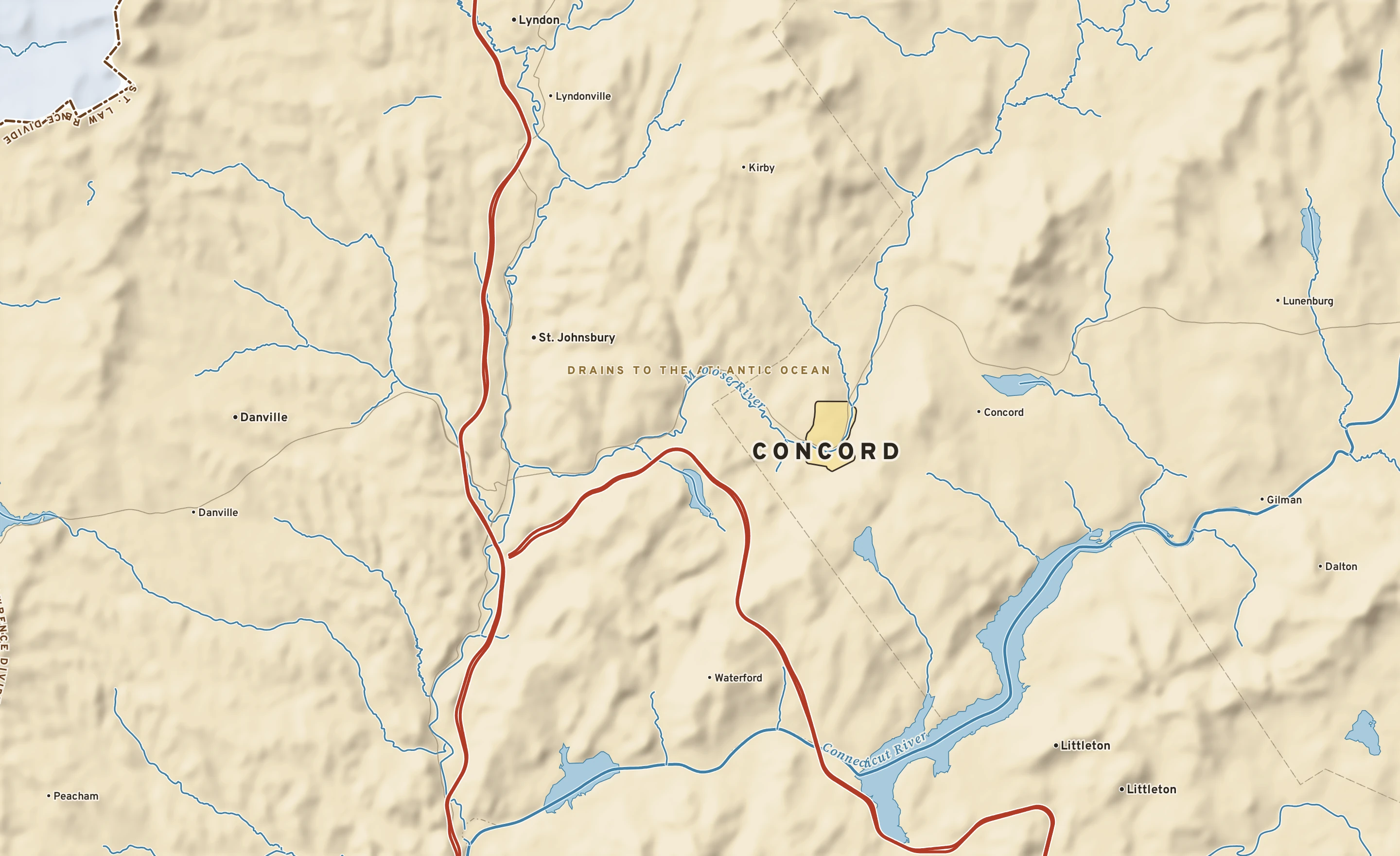 Shaded-relief atlas plate of Concord, Vermont: rivers, roads, the city limits and where the water drains.