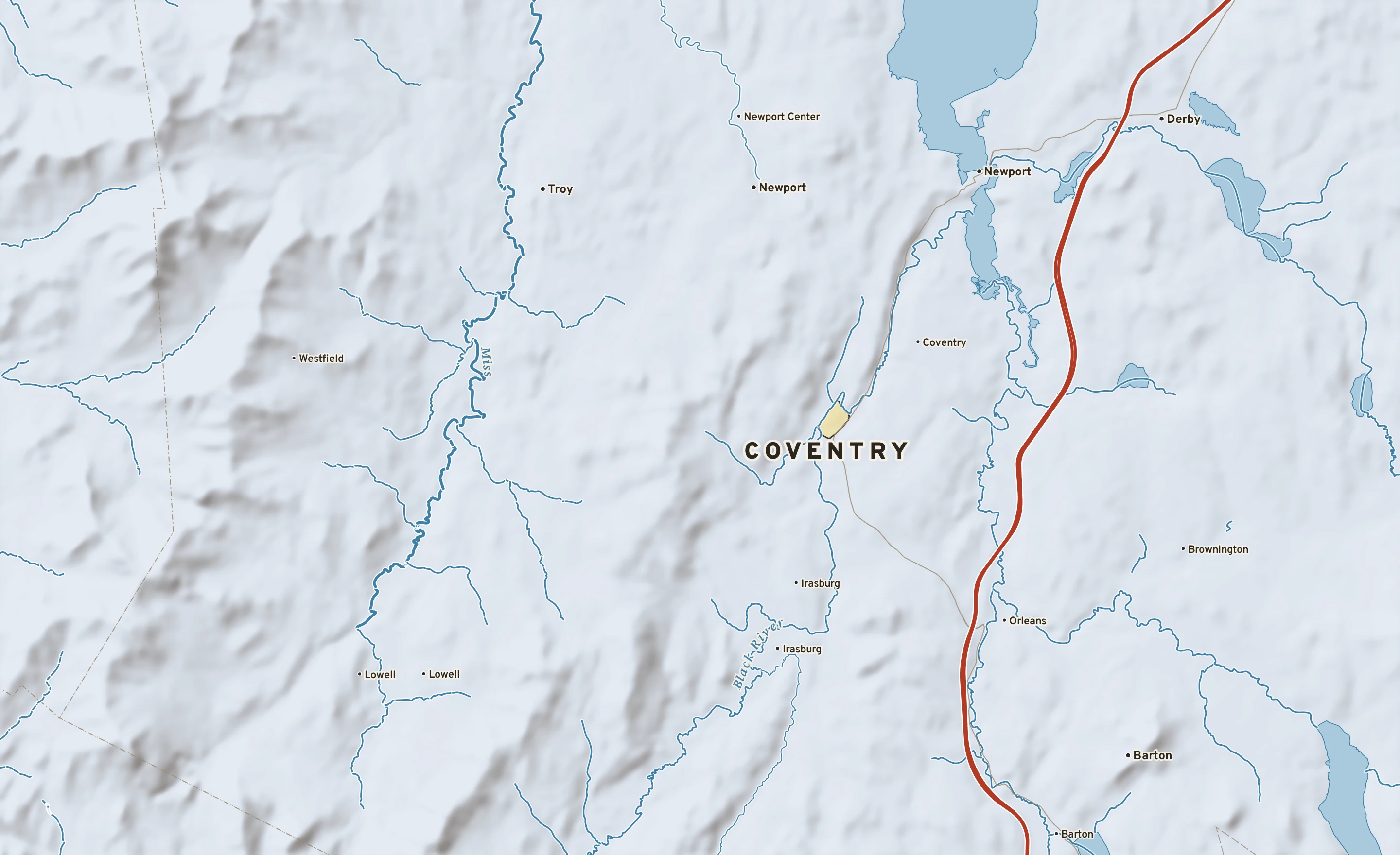 Shaded-relief atlas plate of Coventry, Vermont: rivers, roads, the city limits and where the water drains.
