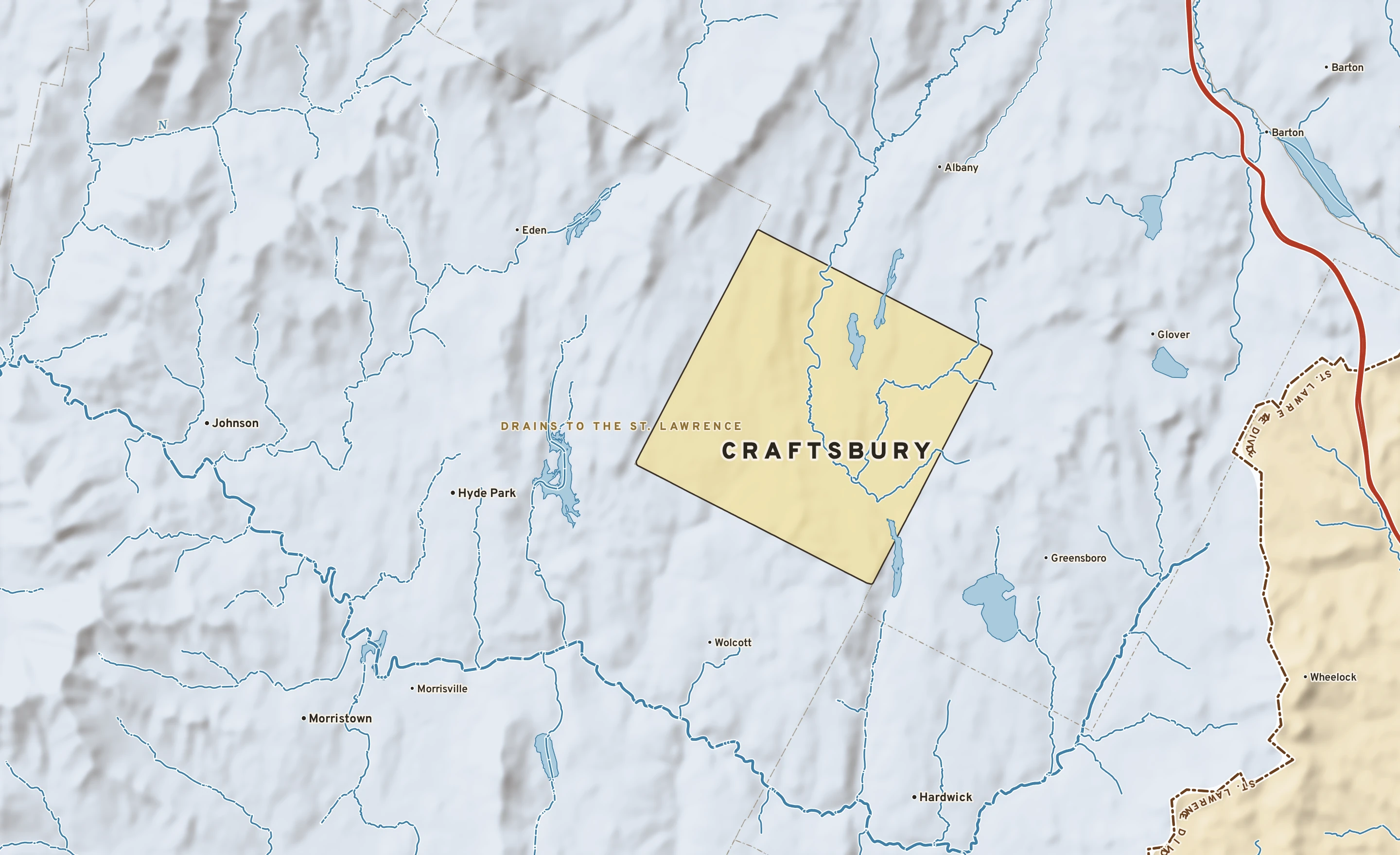 Shaded-relief atlas plate of Craftsbury, Vermont: rivers, roads, the city limits and where the water drains.
