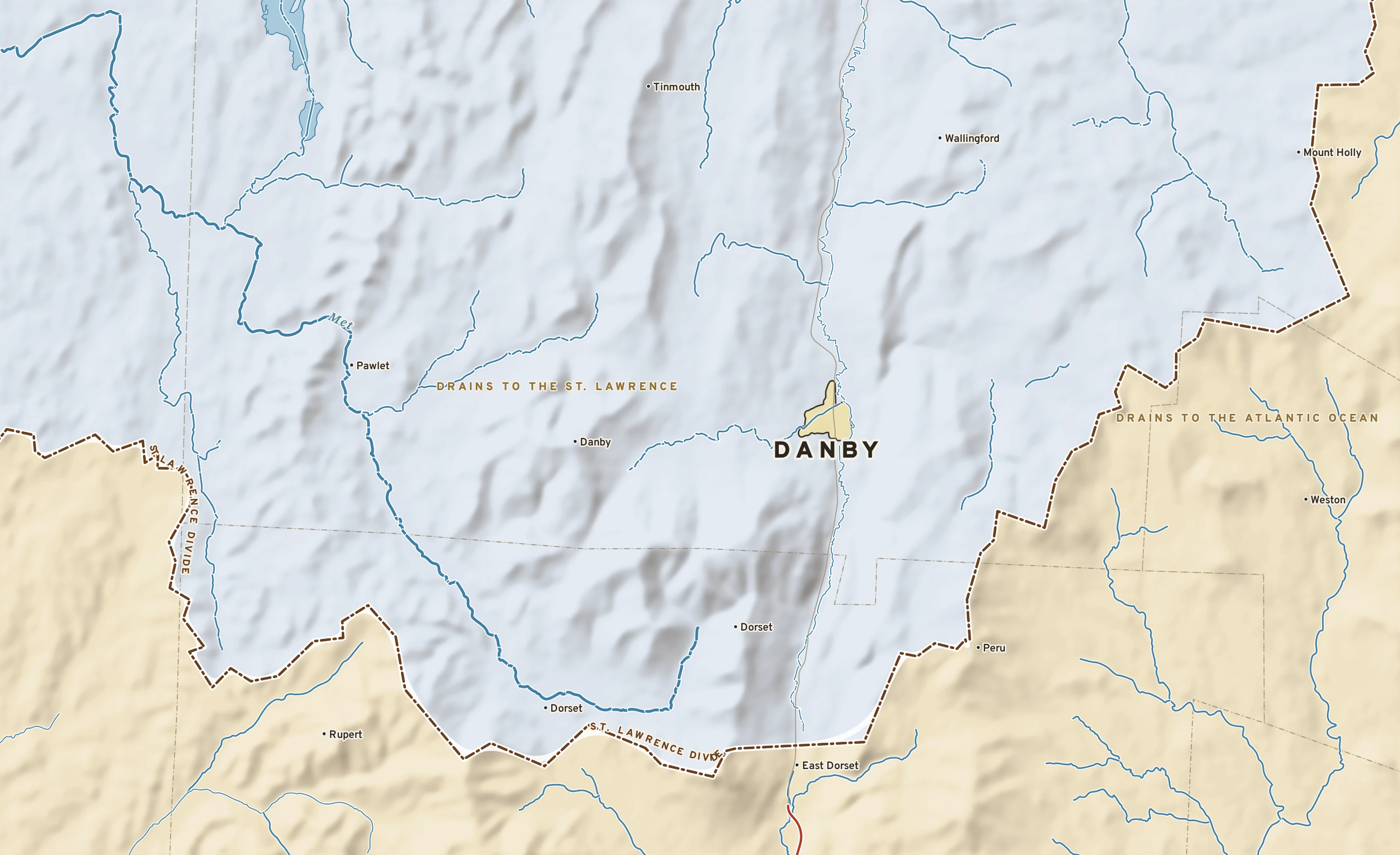 Shaded-relief atlas plate of Danby, Vermont: rivers, roads, the city limits and where the water drains.