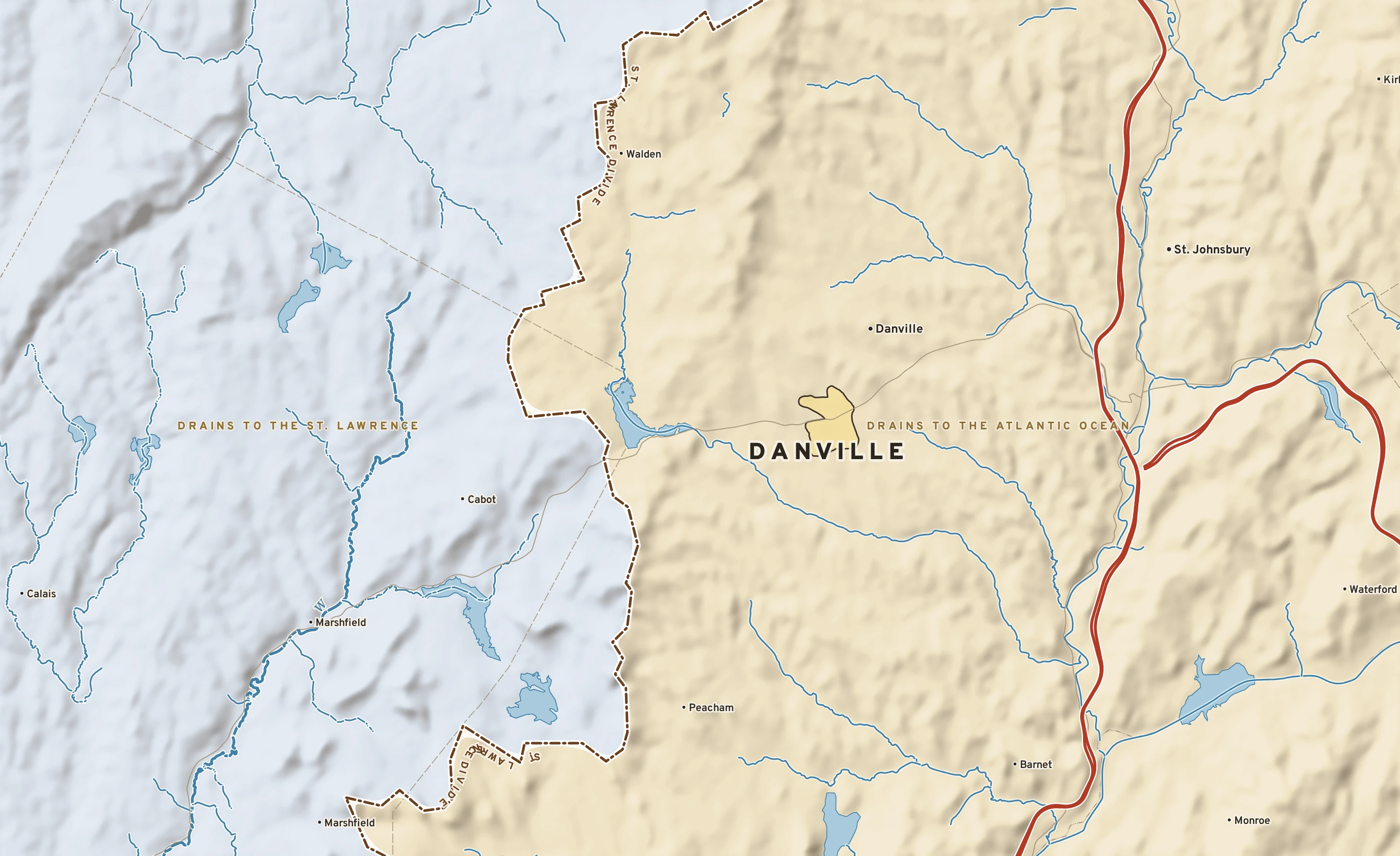 Shaded-relief atlas plate of Danville, Vermont: rivers, roads, the city limits and where the water drains.