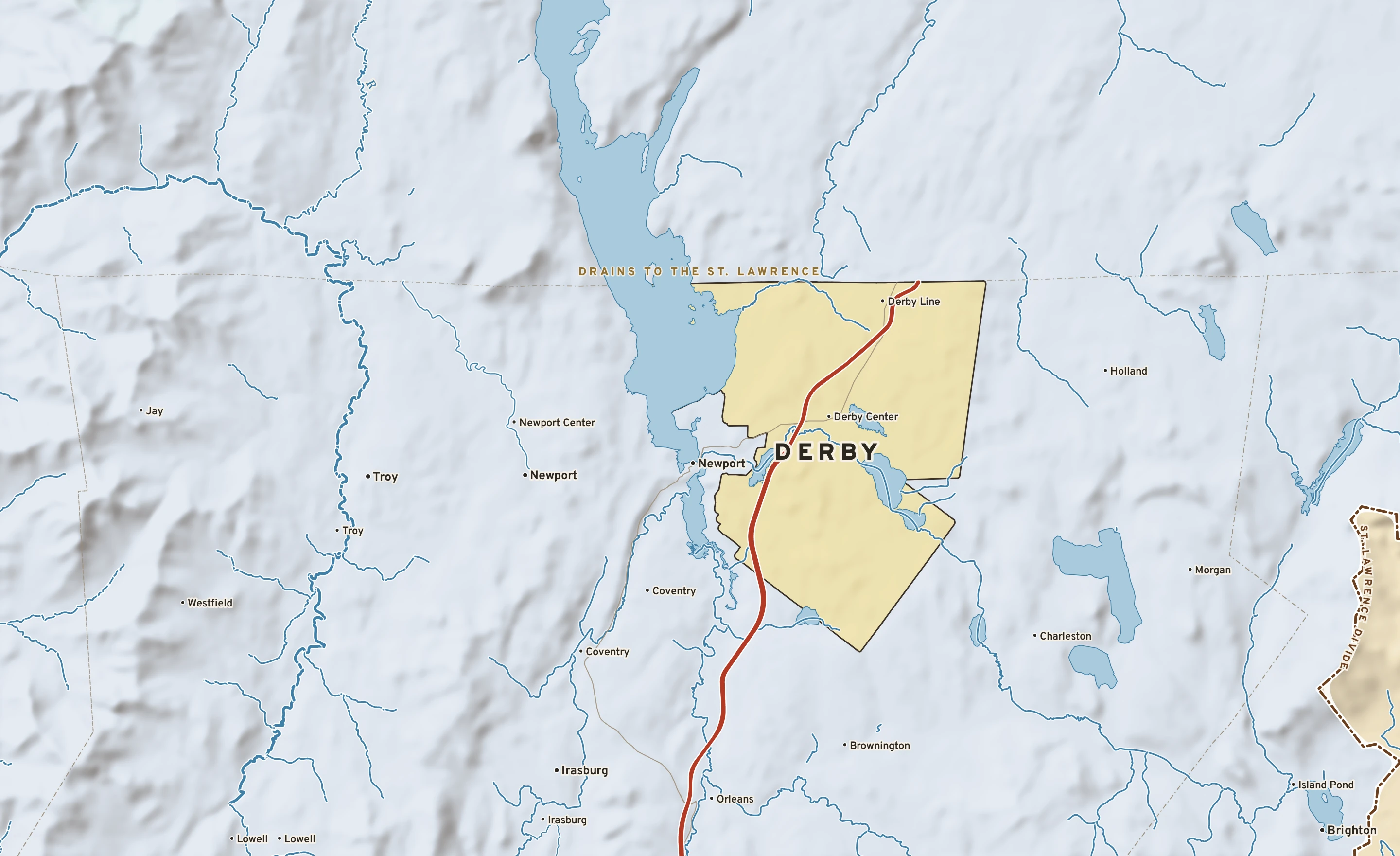 Shaded-relief atlas plate of Derby, Vermont: rivers, roads, the city limits and where the water drains.