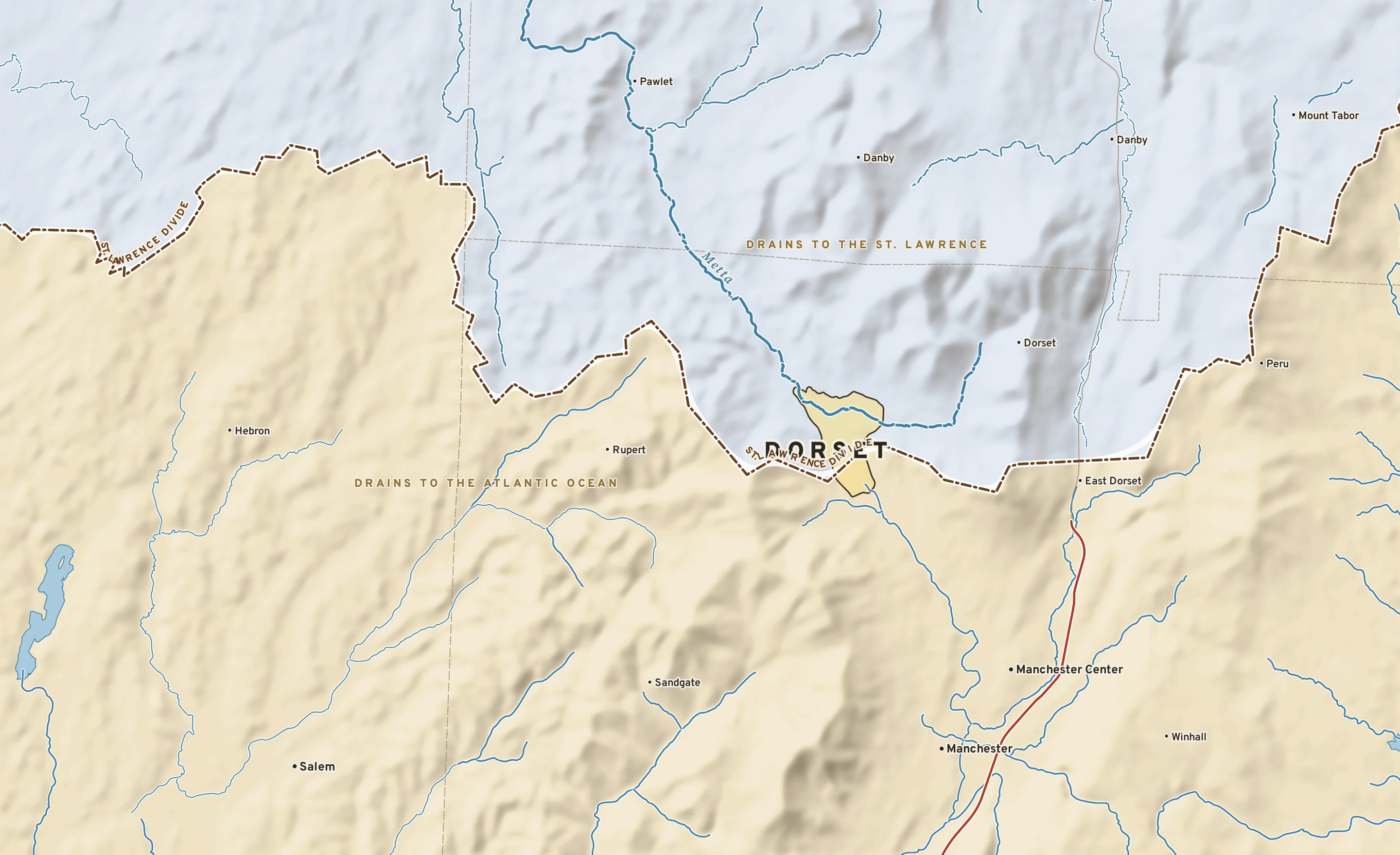 Shaded-relief atlas plate of Dorset, Vermont: rivers, roads, the city limits and where the water drains.