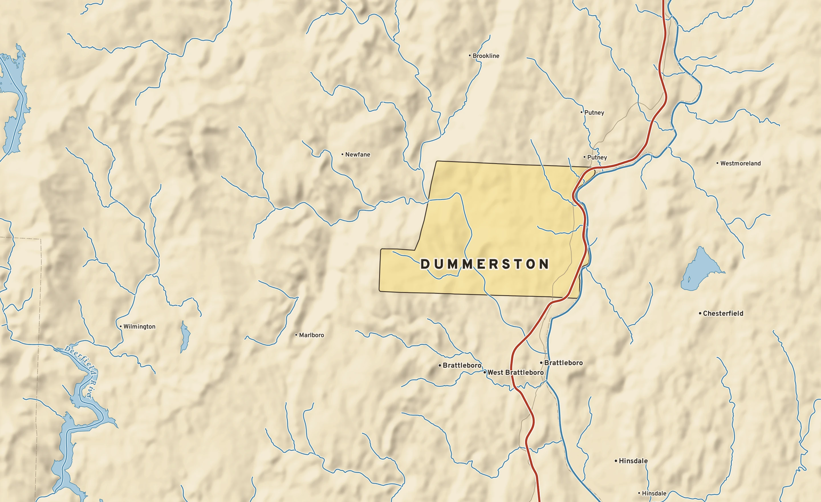 Shaded-relief atlas plate of Dummerston, Vermont: rivers, roads, the city limits and where the water drains.