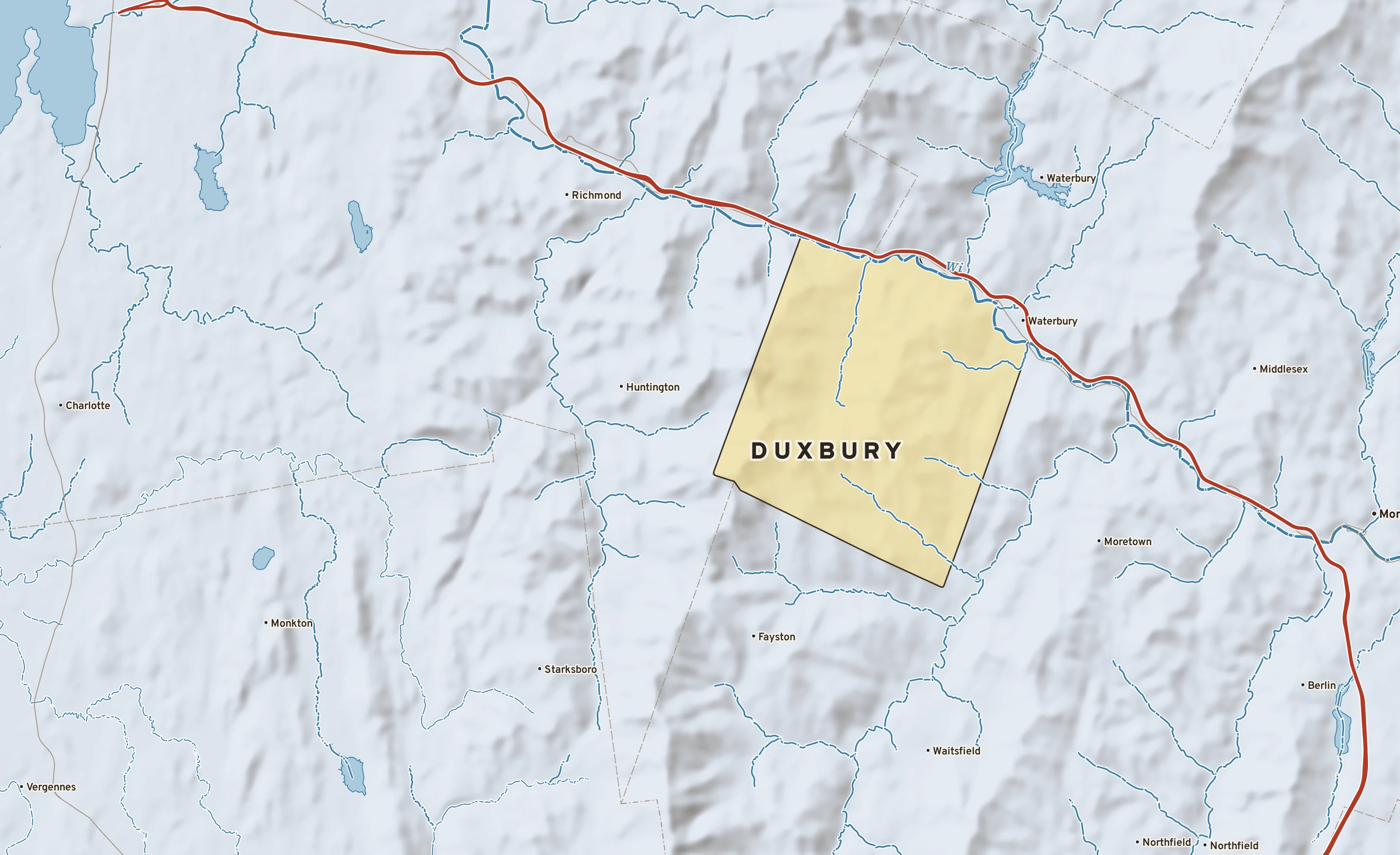 Shaded-relief atlas plate of Duxbury, Vermont: rivers, roads, the city limits and where the water drains.