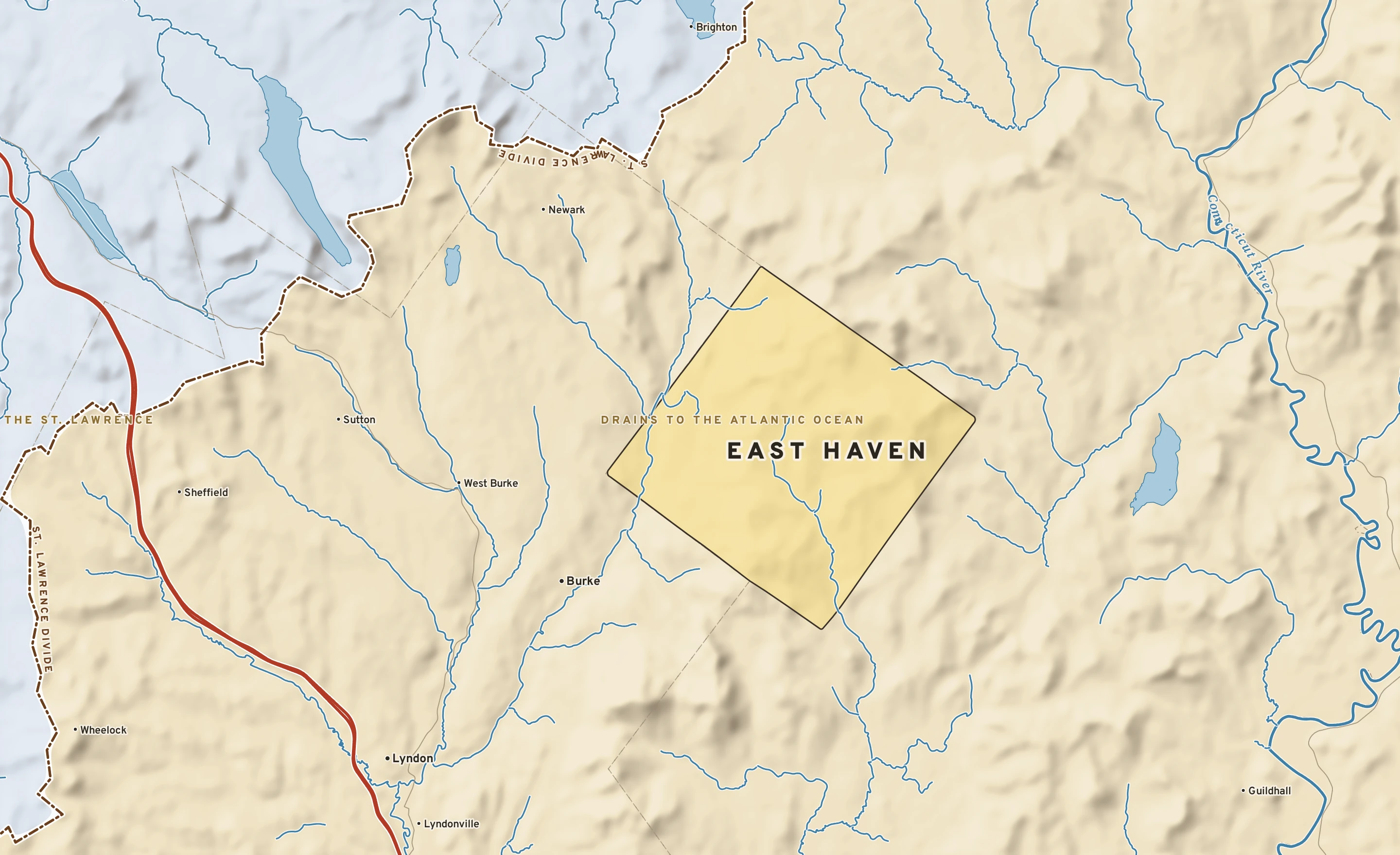 Shaded-relief atlas plate of East Haven, Vermont: rivers, roads, the city limits and where the water drains.