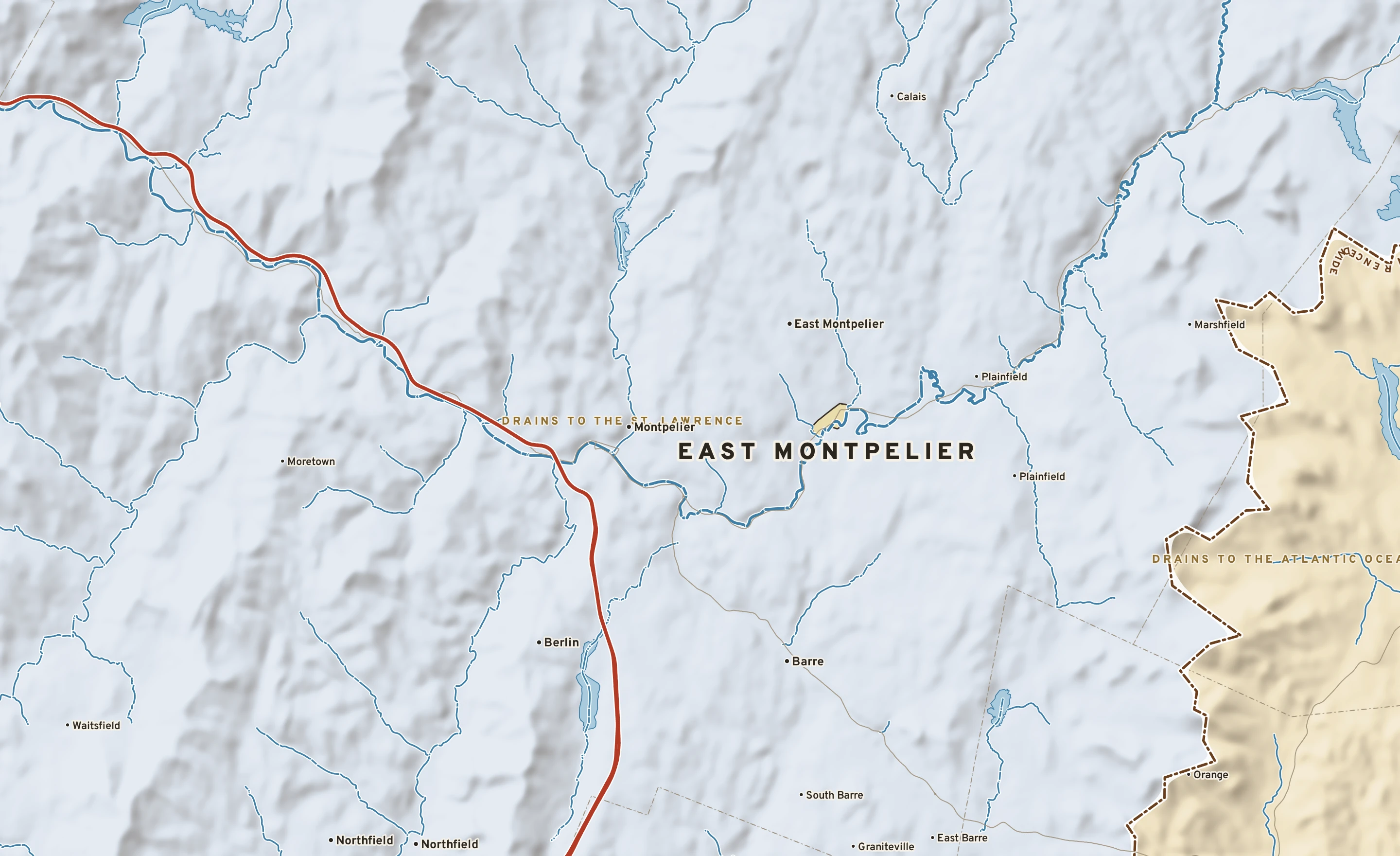 Shaded-relief atlas plate of East Montpelier, Vermont: rivers, roads, the city limits and where the water drains.