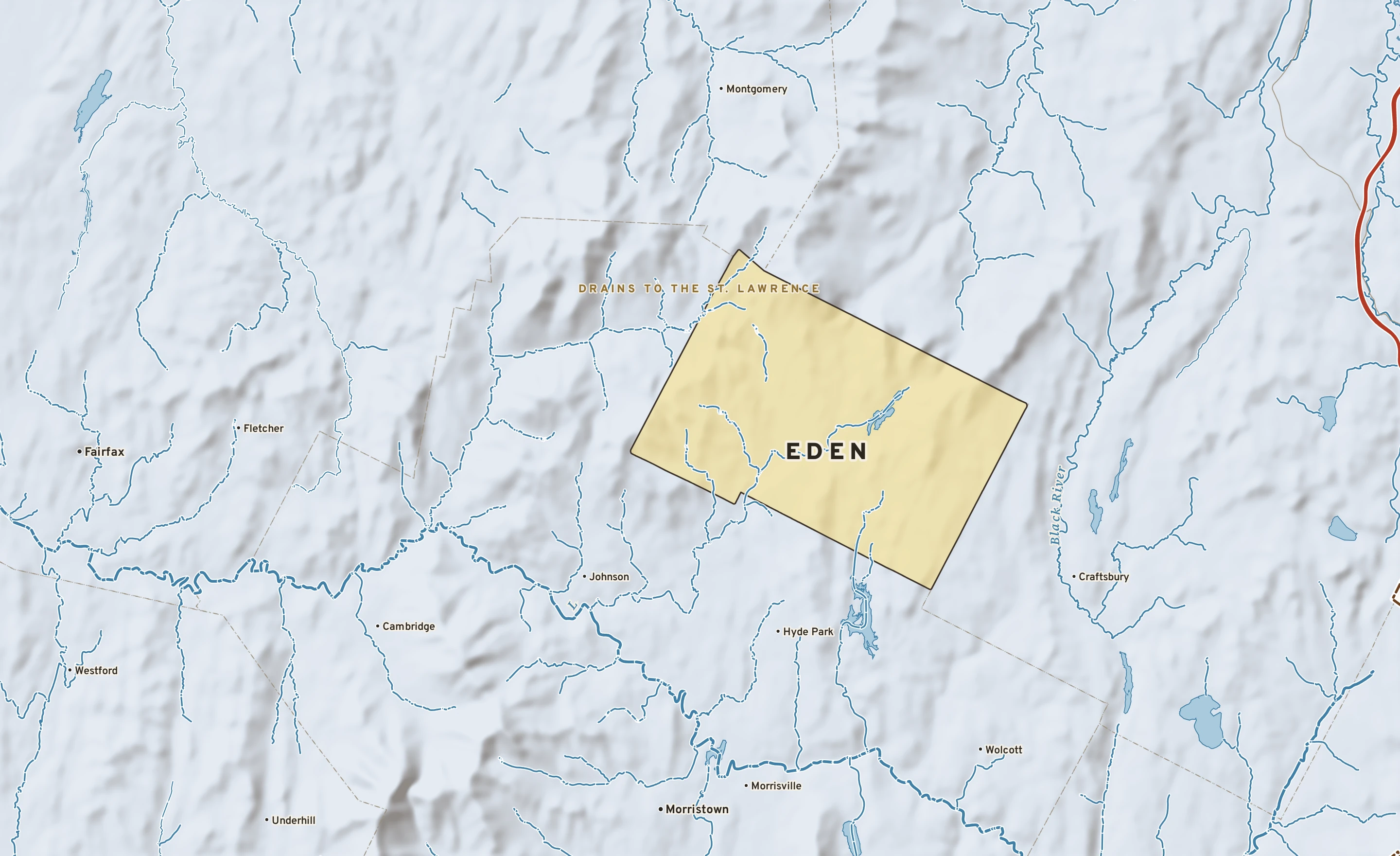 Shaded-relief atlas plate of Eden, Vermont: rivers, roads, the city limits and where the water drains.