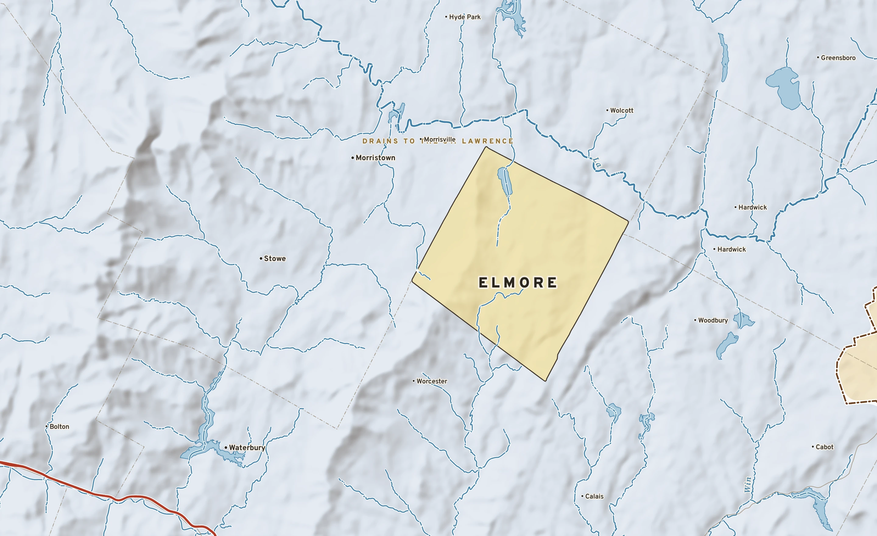 Shaded-relief atlas plate of Elmore, Vermont: rivers, roads, the city limits and where the water drains.