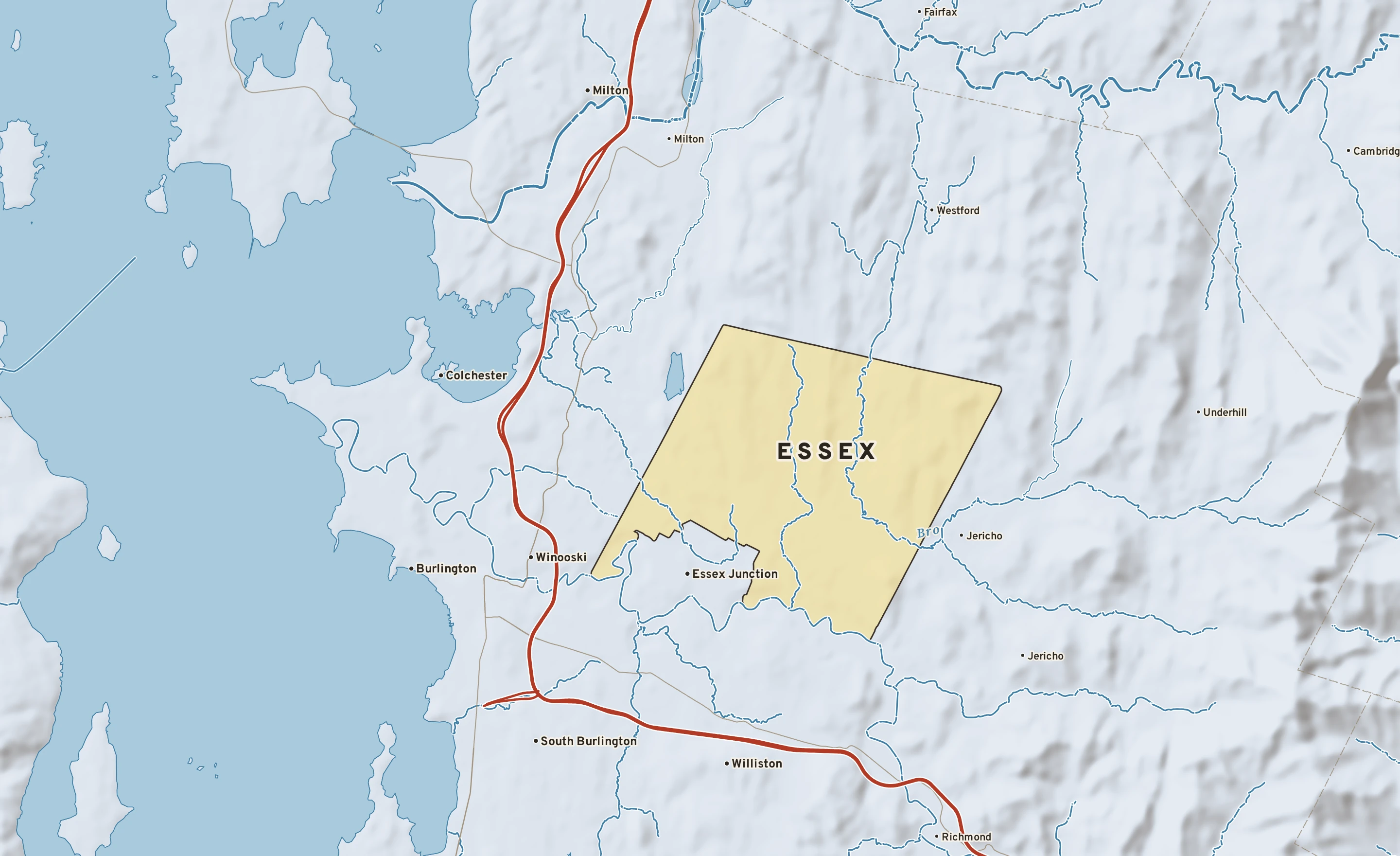 Shaded-relief atlas plate of Essex, Vermont: rivers, roads, the city limits and where the water drains.