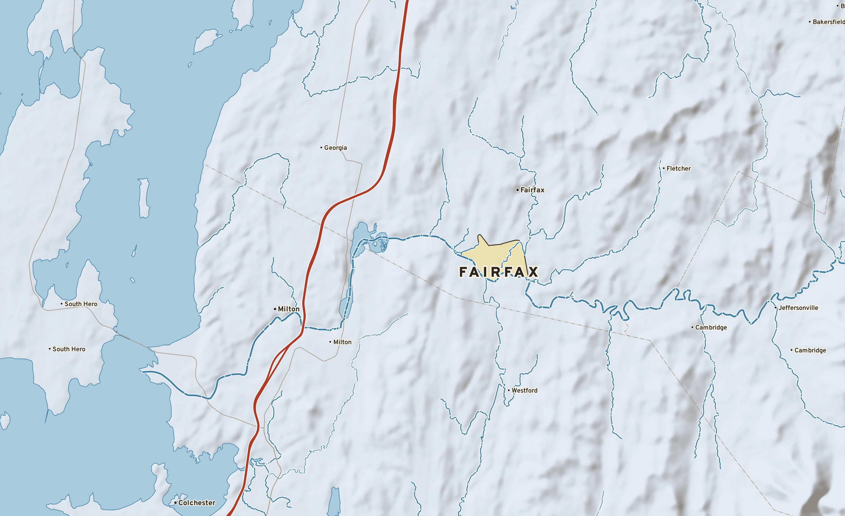Shaded-relief atlas plate of Fairfax, Vermont: rivers, roads, the city limits and where the water drains.