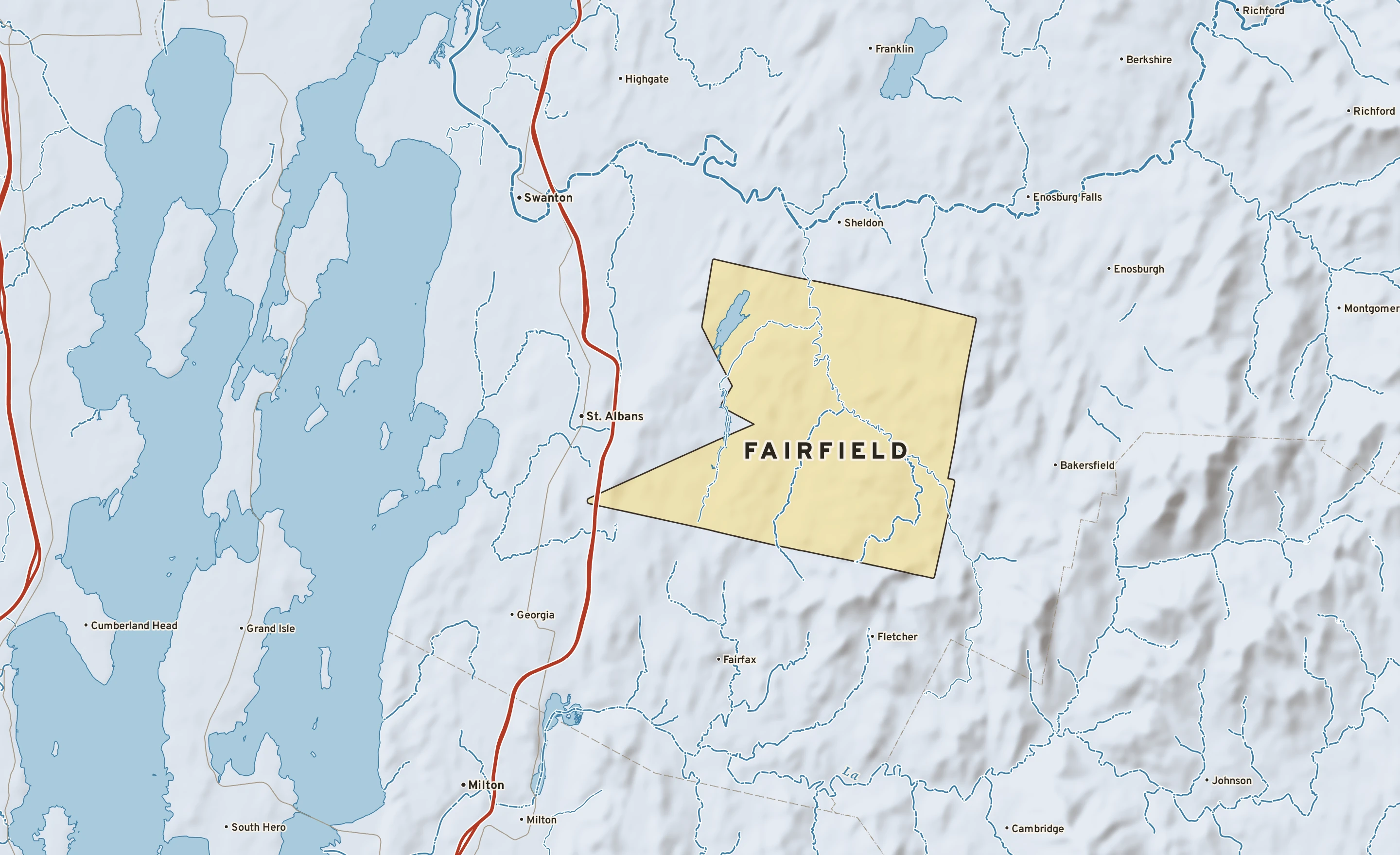 Shaded-relief atlas plate of Fairfield, Vermont: rivers, roads, the city limits and where the water drains.