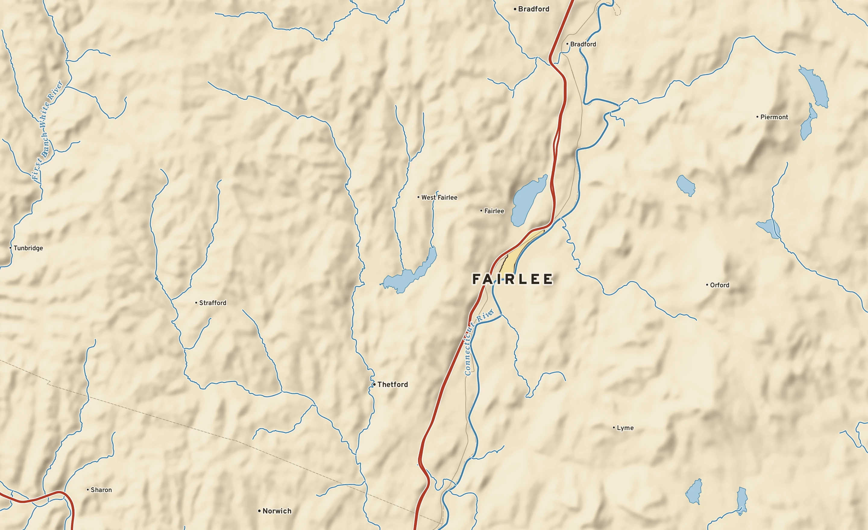 Shaded-relief atlas plate of Fairlee, Vermont: rivers, roads, the city limits and where the water drains.