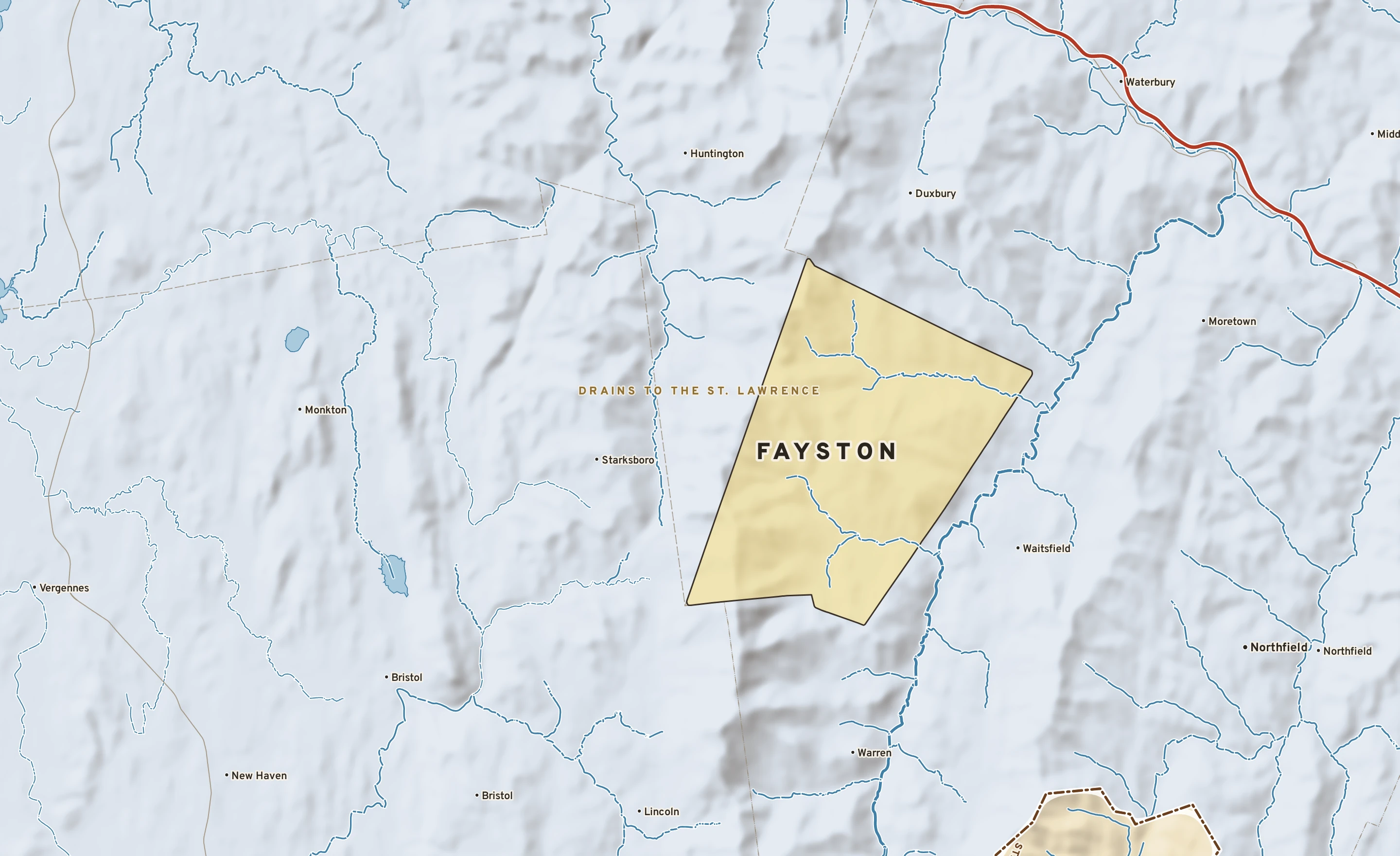 Shaded-relief atlas plate of Fayston, Vermont: rivers, roads, the city limits and where the water drains.