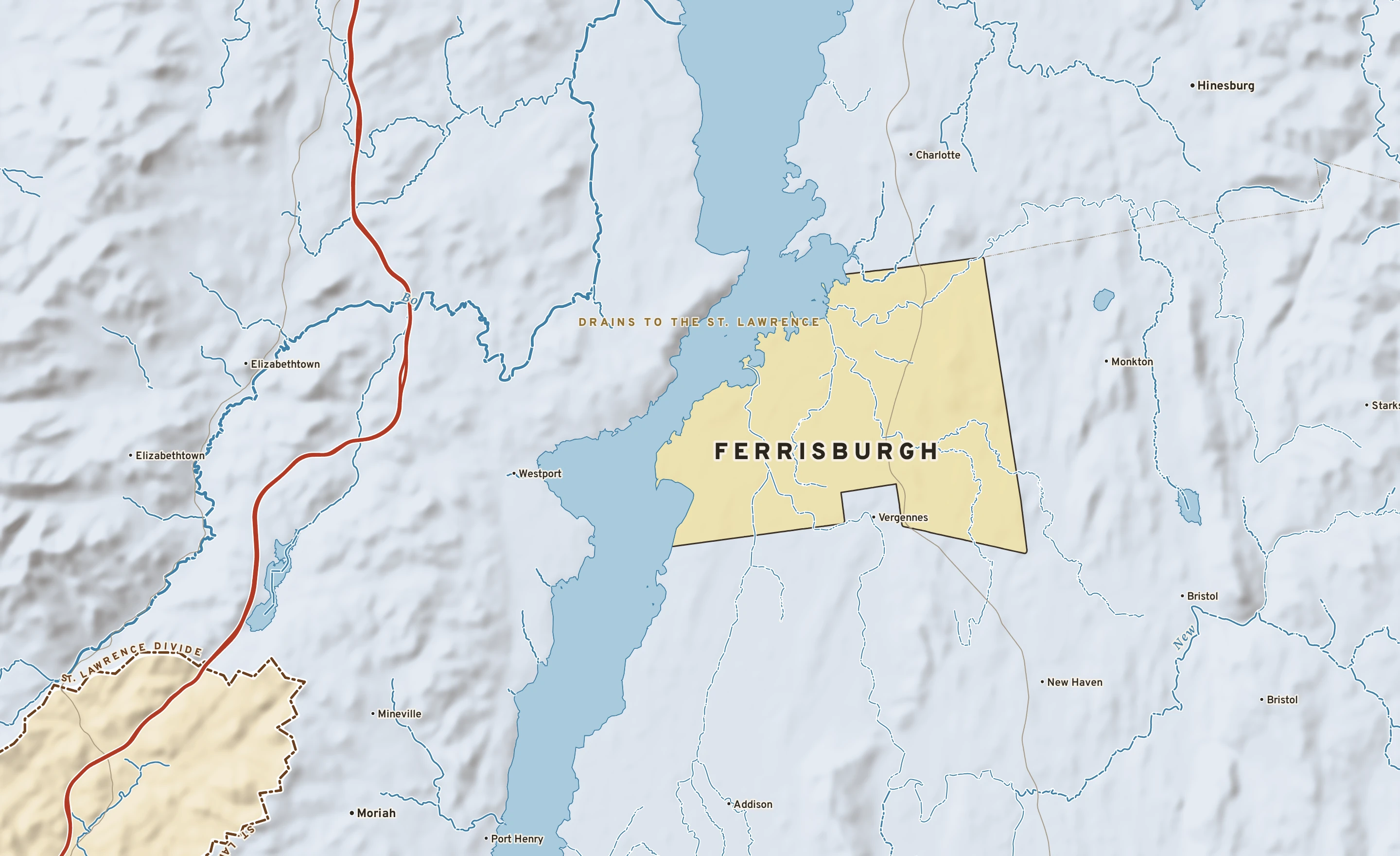 Shaded-relief atlas plate of Ferrisburgh, Vermont: rivers, roads, the city limits and where the water drains.