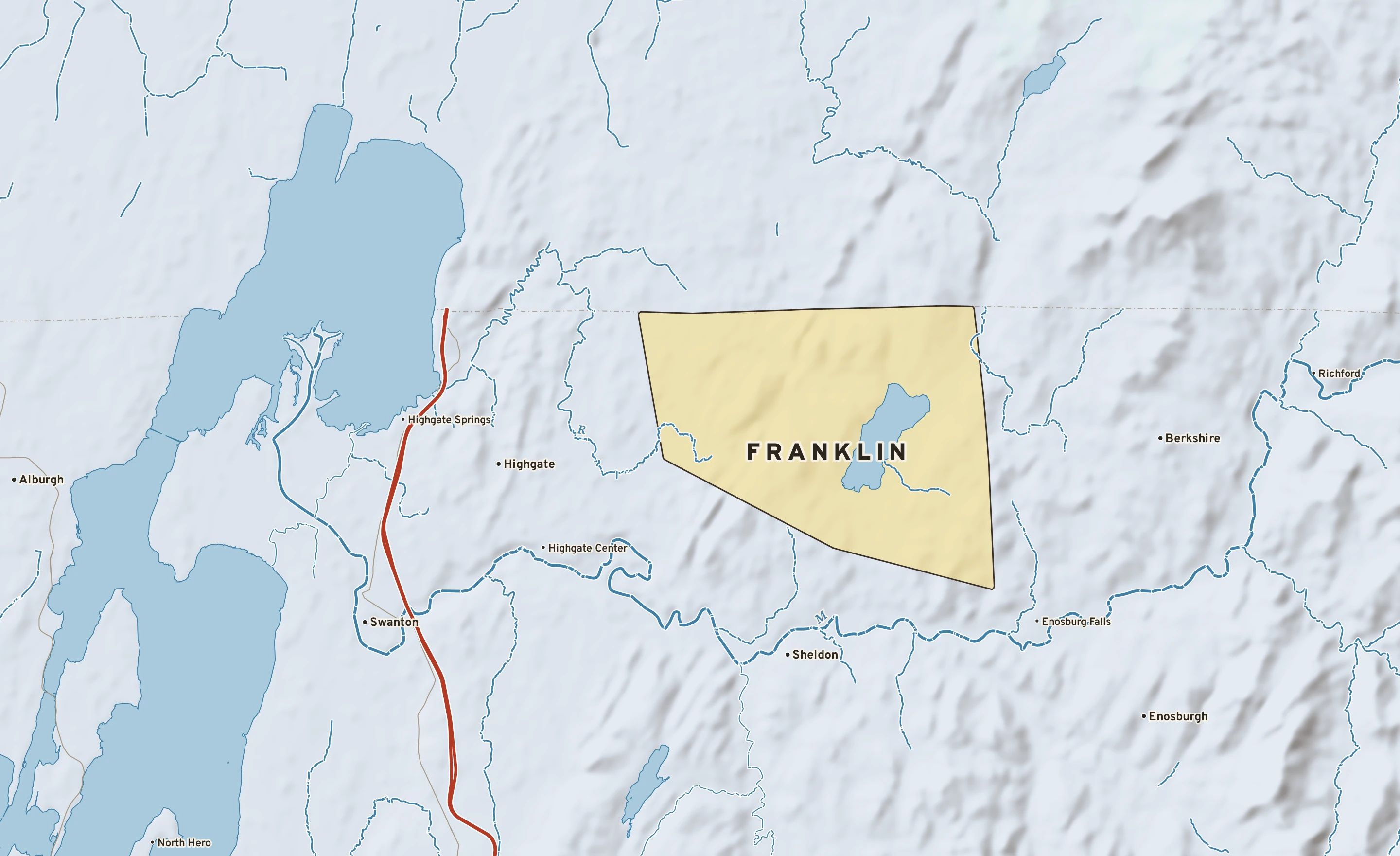 Shaded-relief atlas plate of Franklin, Vermont: rivers, roads, the city limits and where the water drains.