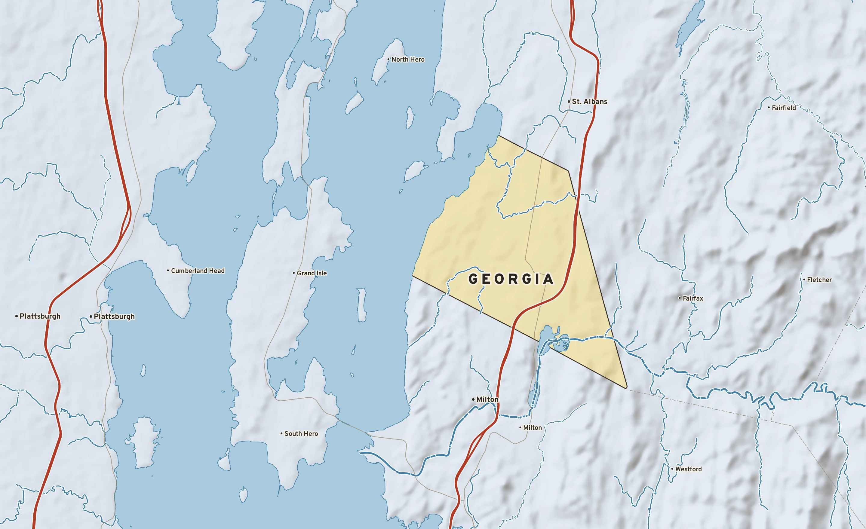 Shaded-relief atlas plate of Georgia, Vermont: rivers, roads, the city limits and where the water drains.