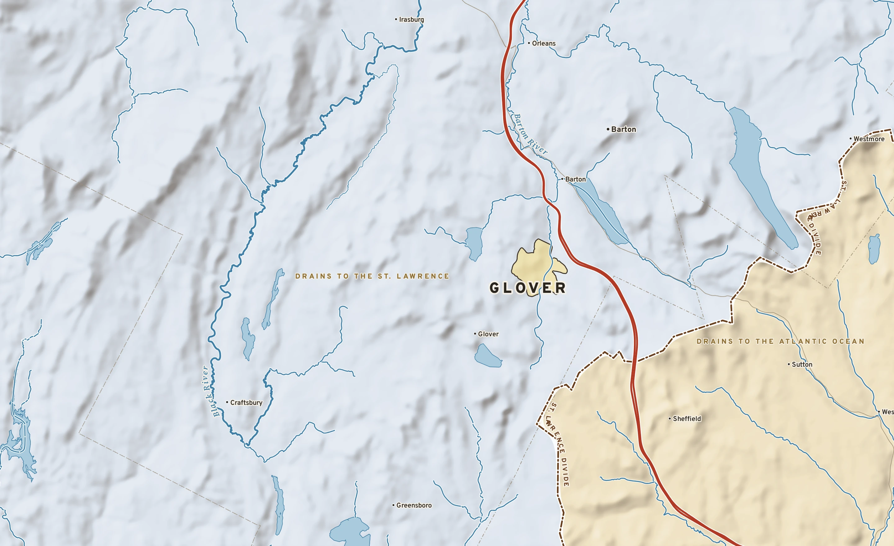 Shaded-relief atlas plate of Glover, Vermont: rivers, roads, the city limits and where the water drains.
