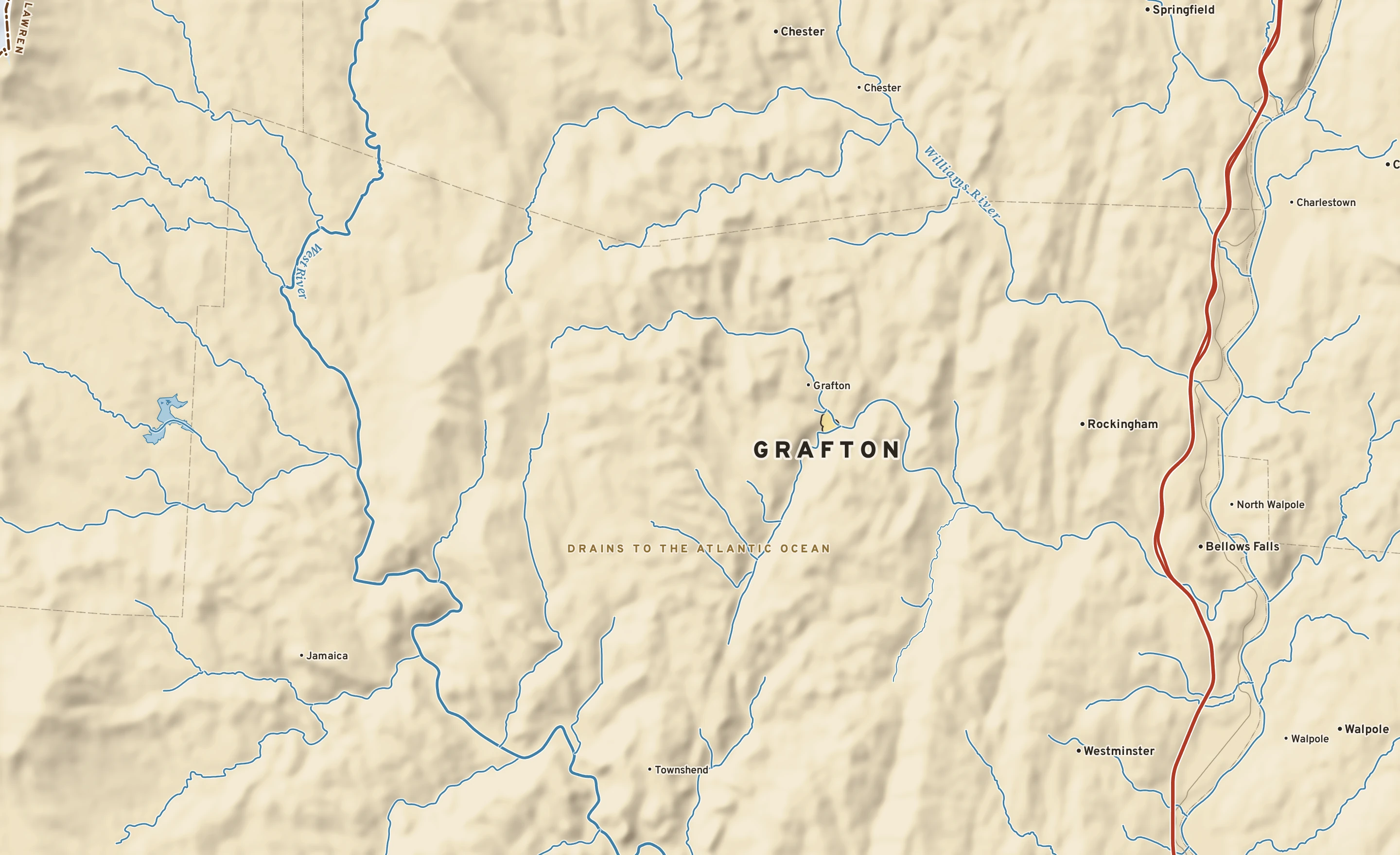 Shaded-relief atlas plate of Grafton, Vermont: rivers, roads, the city limits and where the water drains.