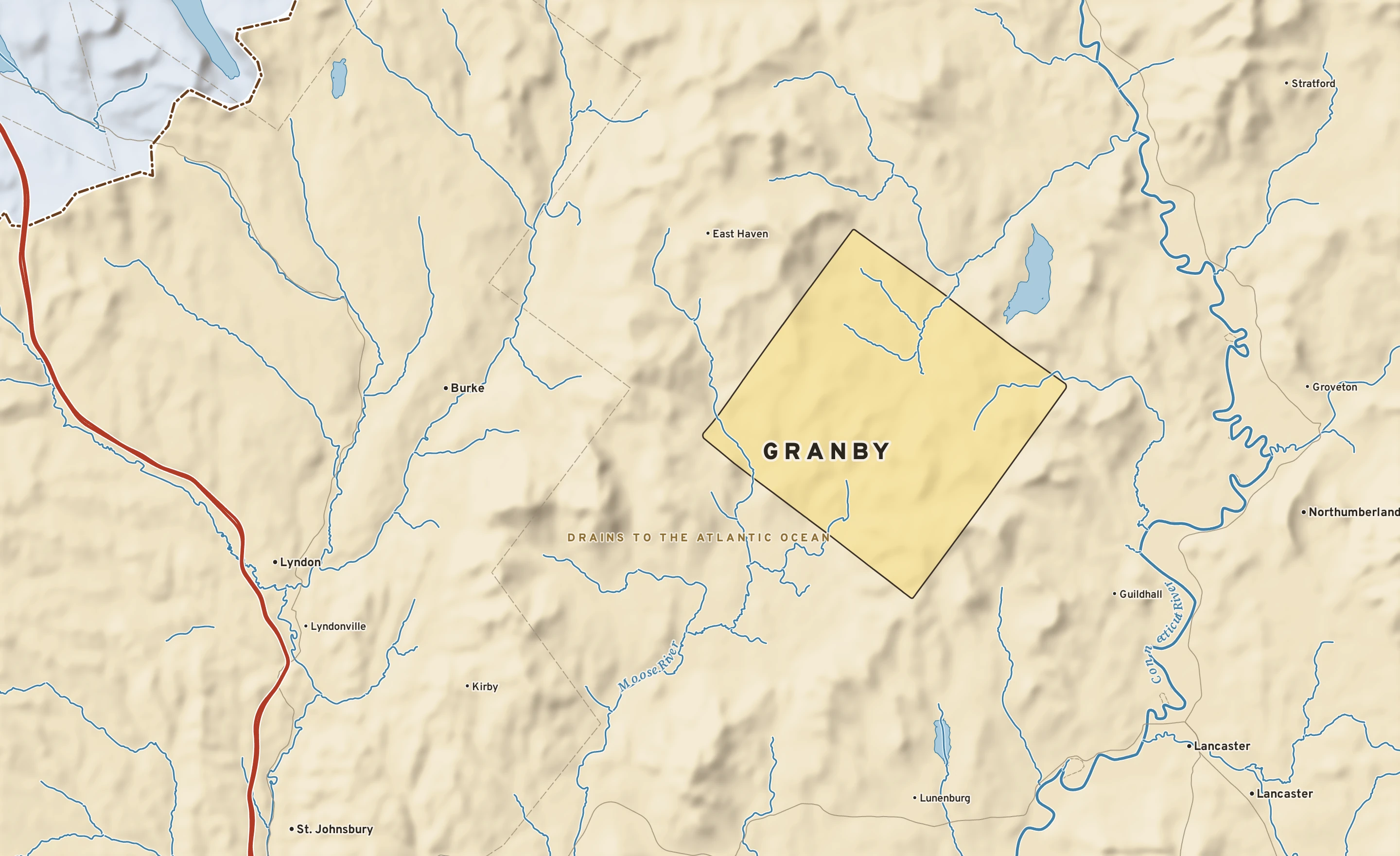 Shaded-relief atlas plate of Granby, Vermont: rivers, roads, the city limits and where the water drains.