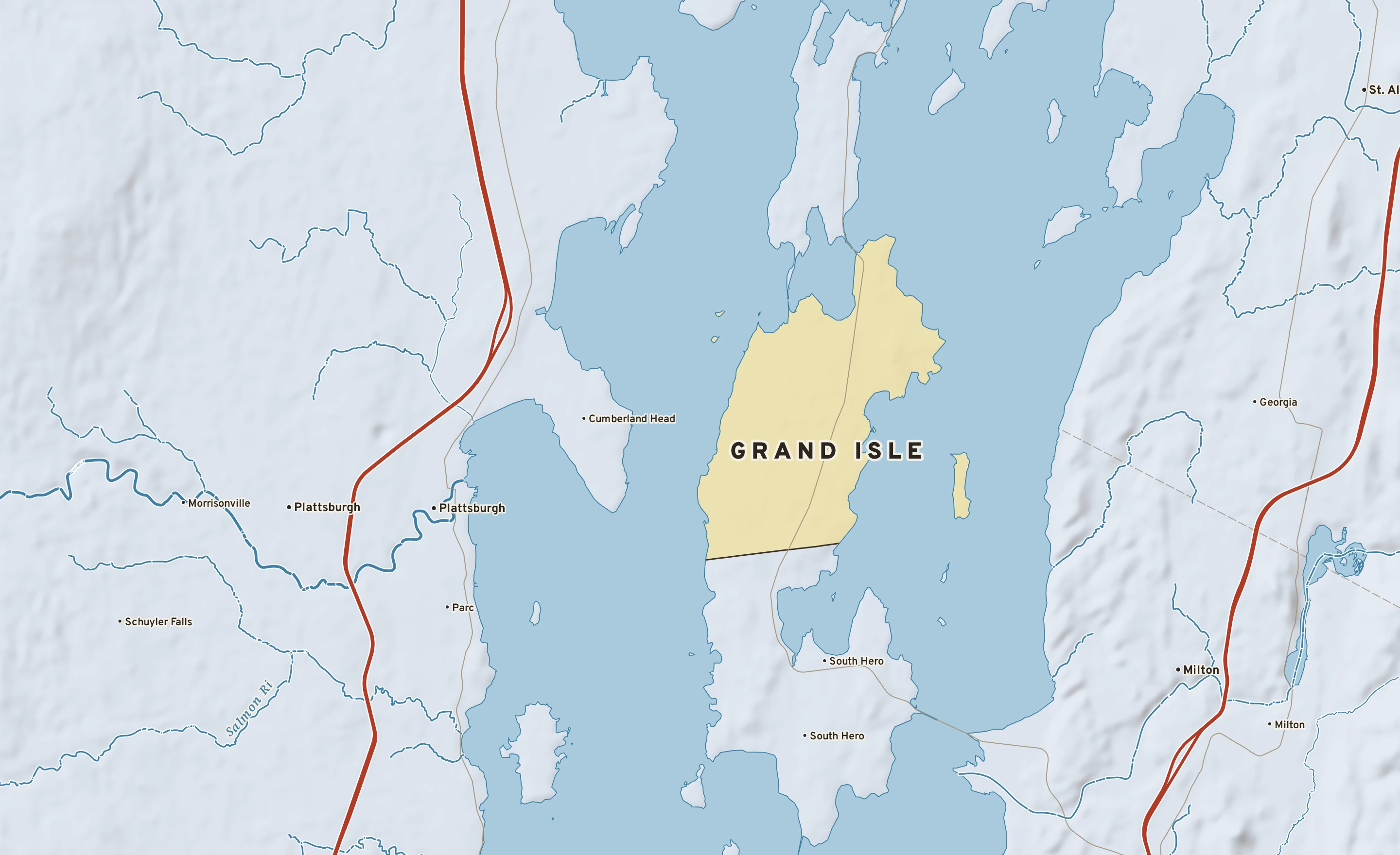 Shaded-relief atlas plate of Grand Isle, Vermont: rivers, roads, the city limits and where the water drains.