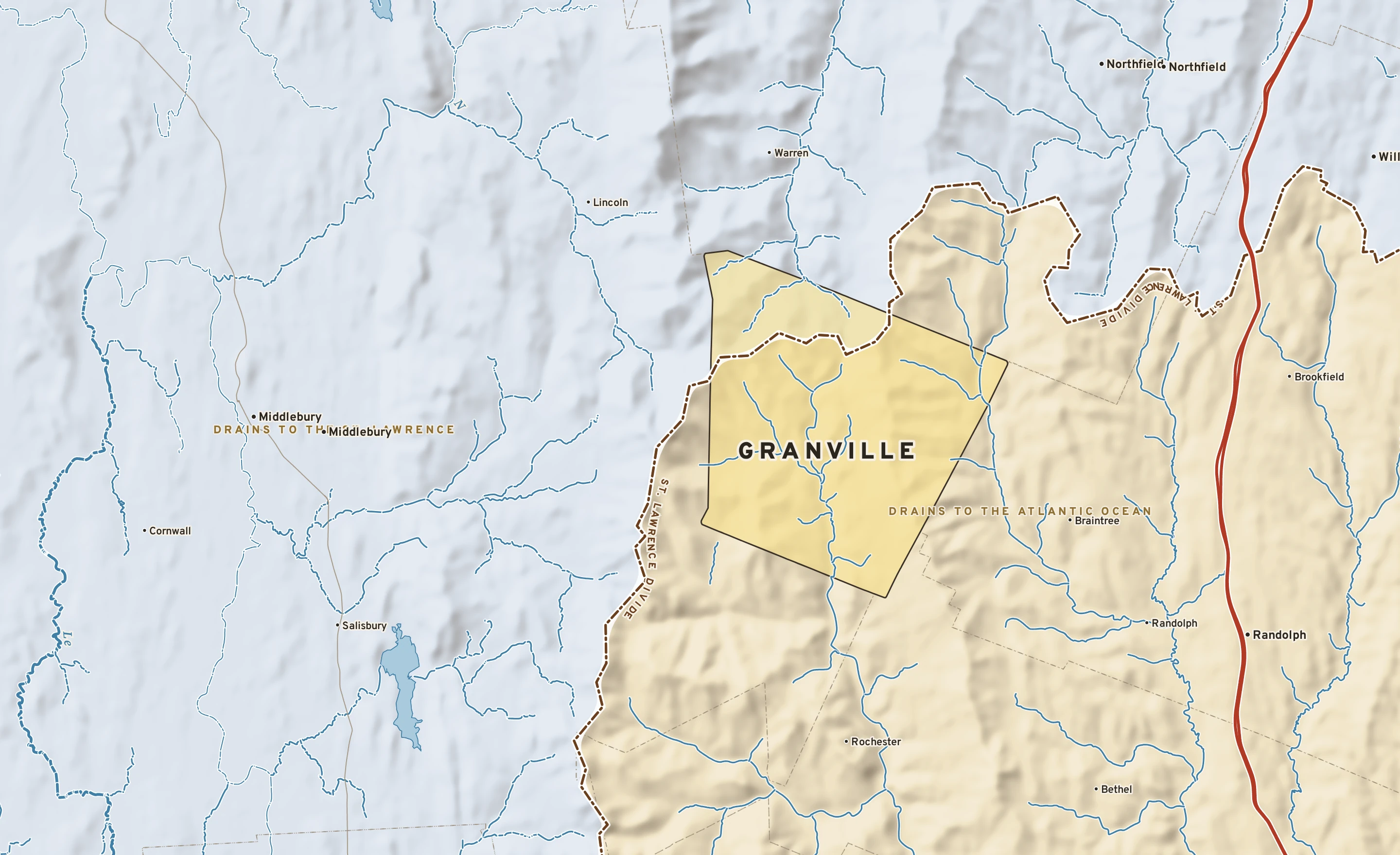 Shaded-relief atlas plate of Granville, Vermont: rivers, roads, the city limits and where the water drains.