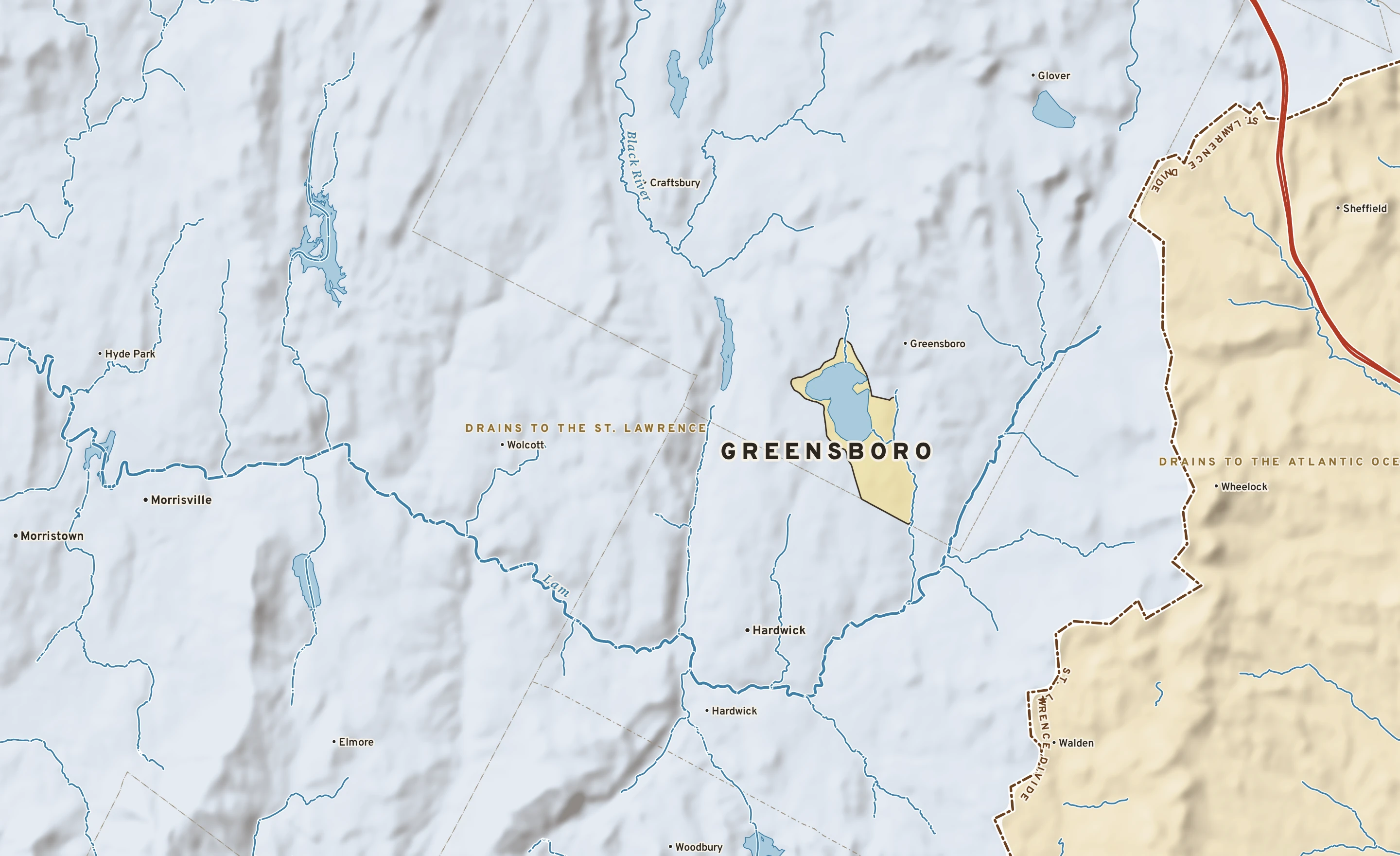 Shaded-relief atlas plate of Greensboro, Vermont: rivers, roads, the city limits and where the water drains.