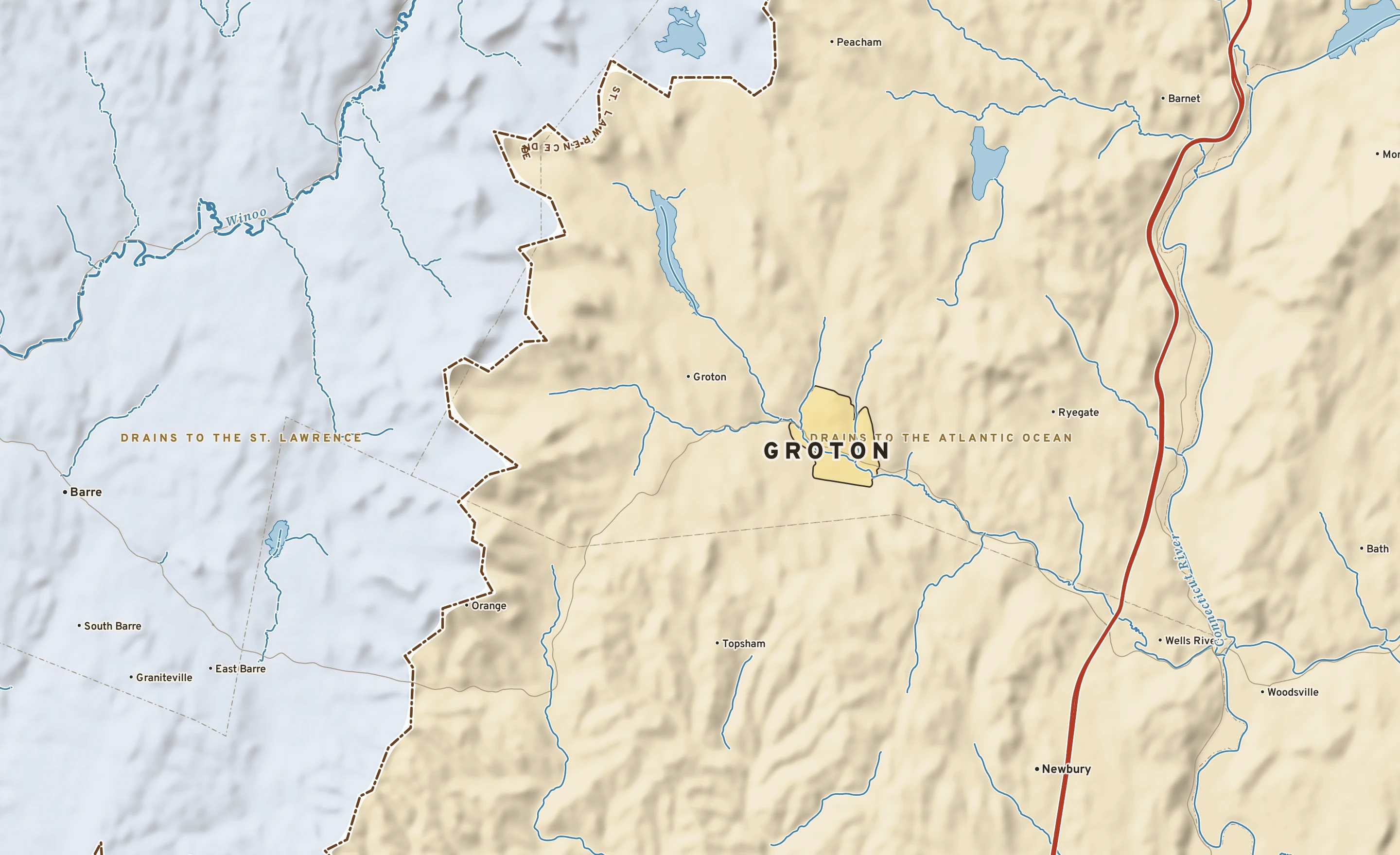 Shaded-relief atlas plate of Groton, Vermont: rivers, roads, the city limits and where the water drains.