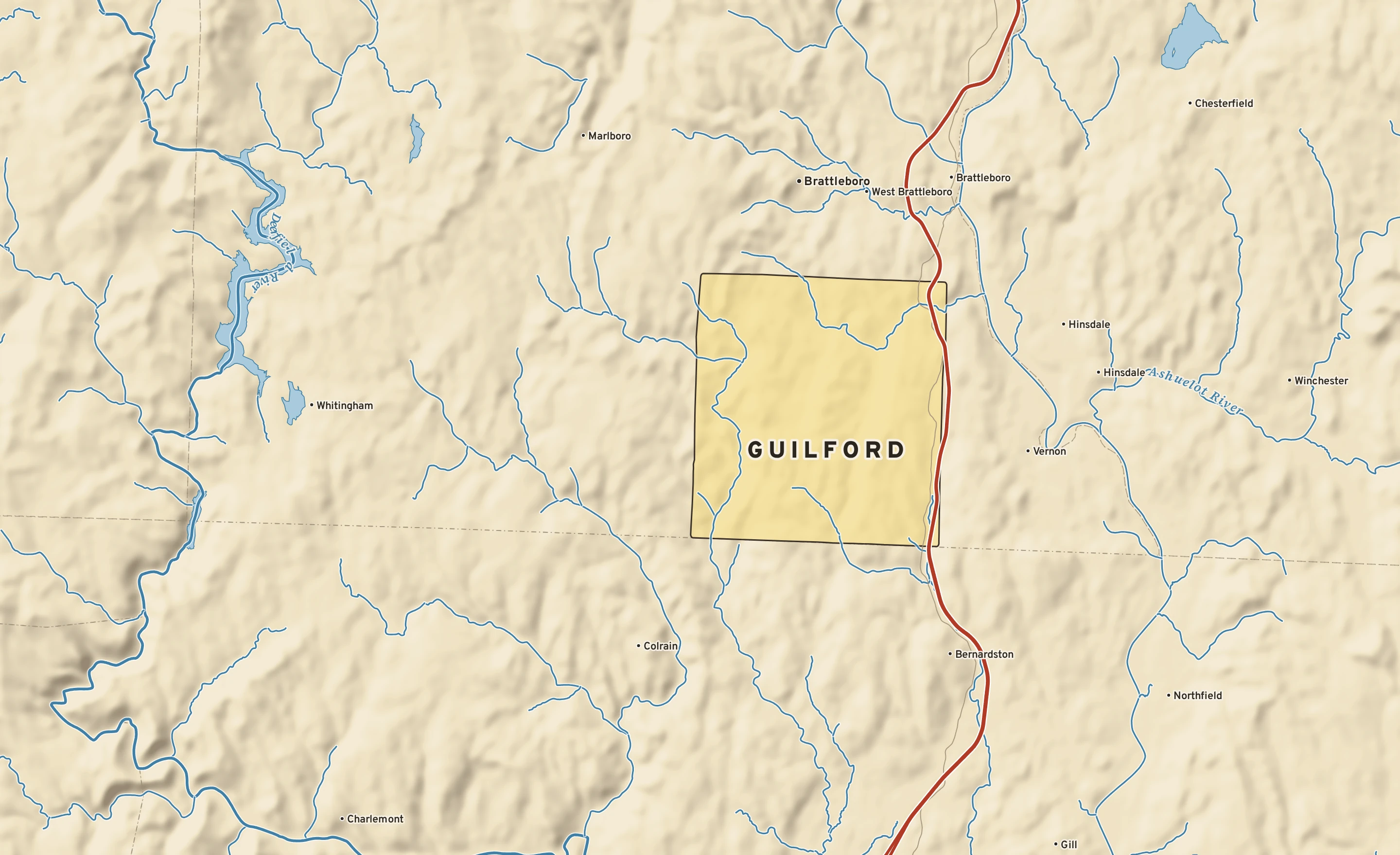 Shaded-relief atlas plate of Guilford, Vermont: rivers, roads, the city limits and where the water drains.