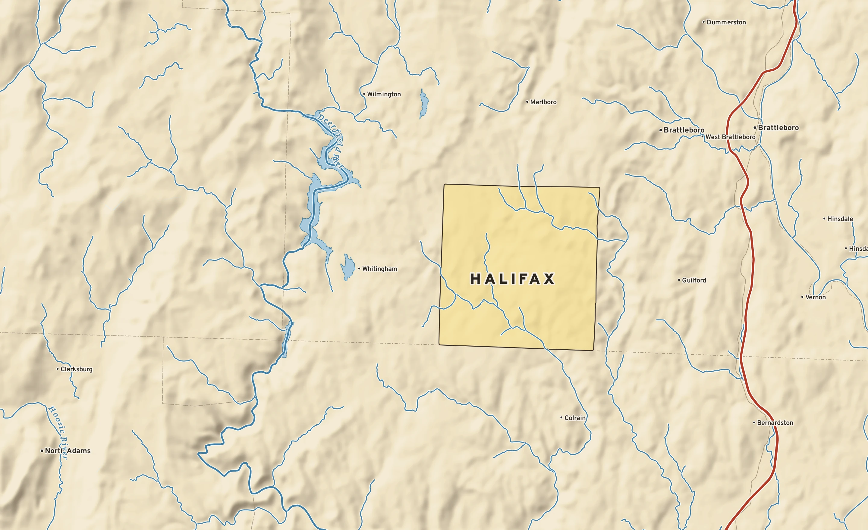 Shaded-relief atlas plate of Halifax, Vermont: rivers, roads, the city limits and where the water drains.