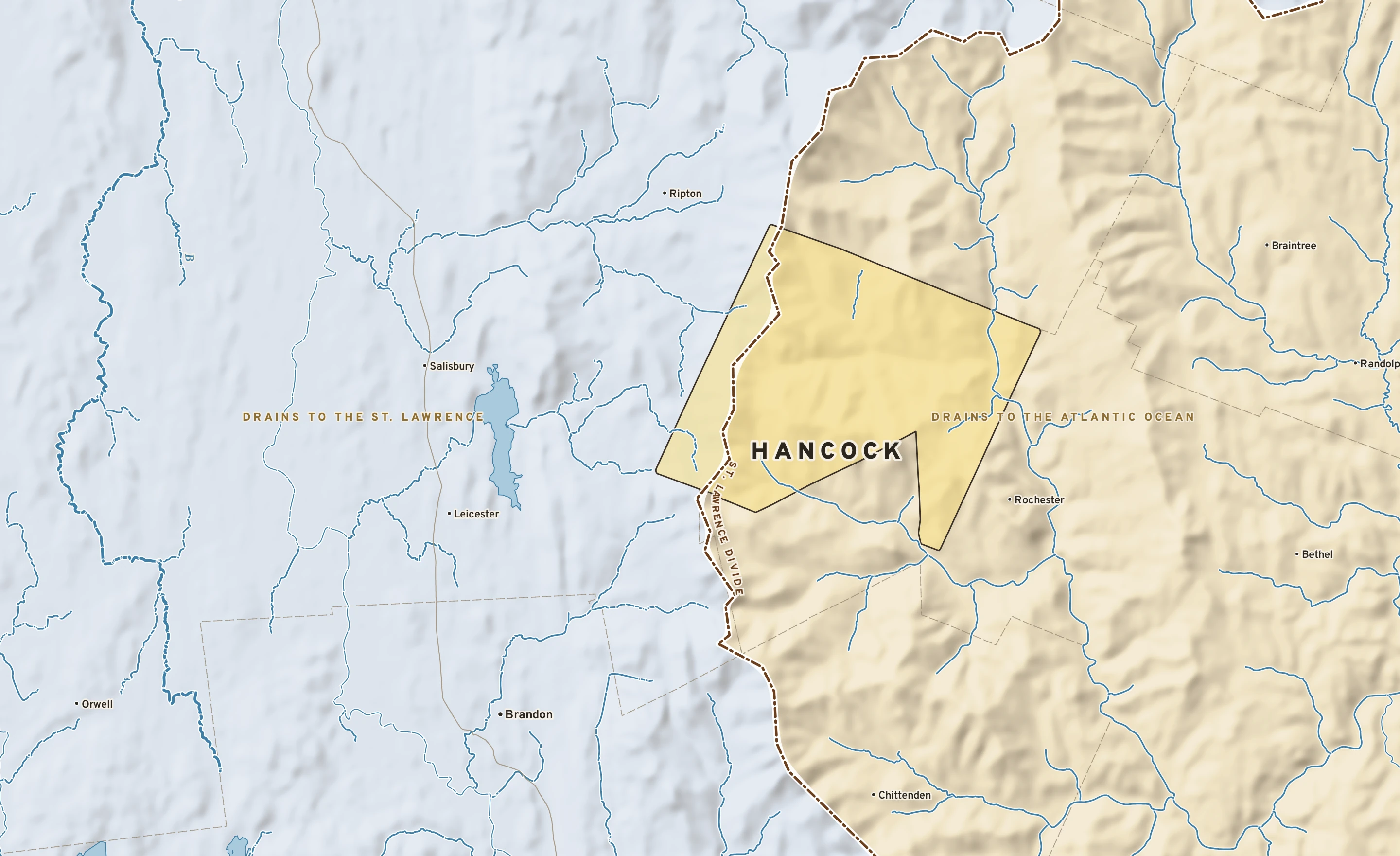Shaded-relief atlas plate of Hancock, Vermont: rivers, roads, the city limits and where the water drains.