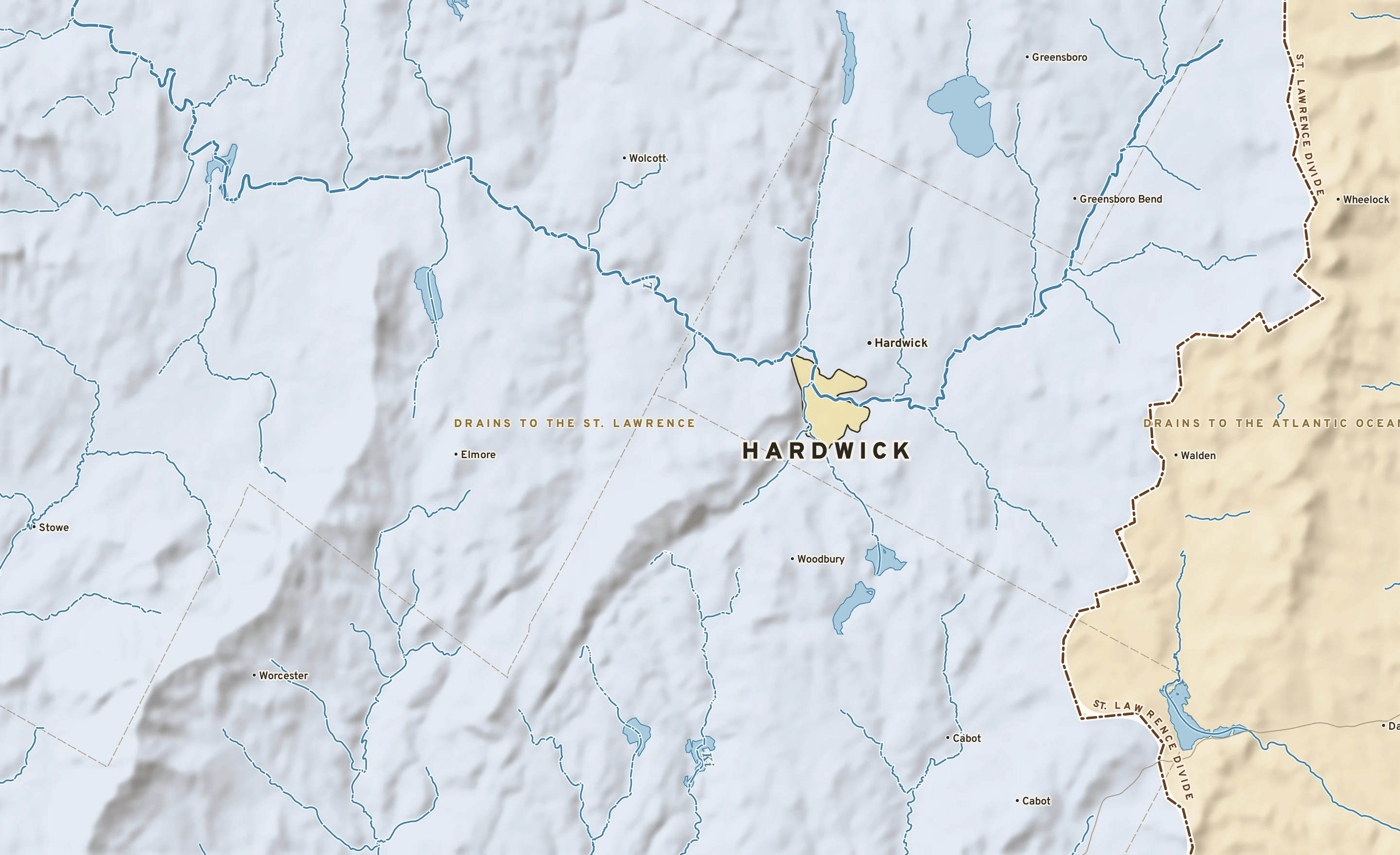 Shaded-relief atlas plate of Hardwick, Vermont: rivers, roads, the city limits and where the water drains.