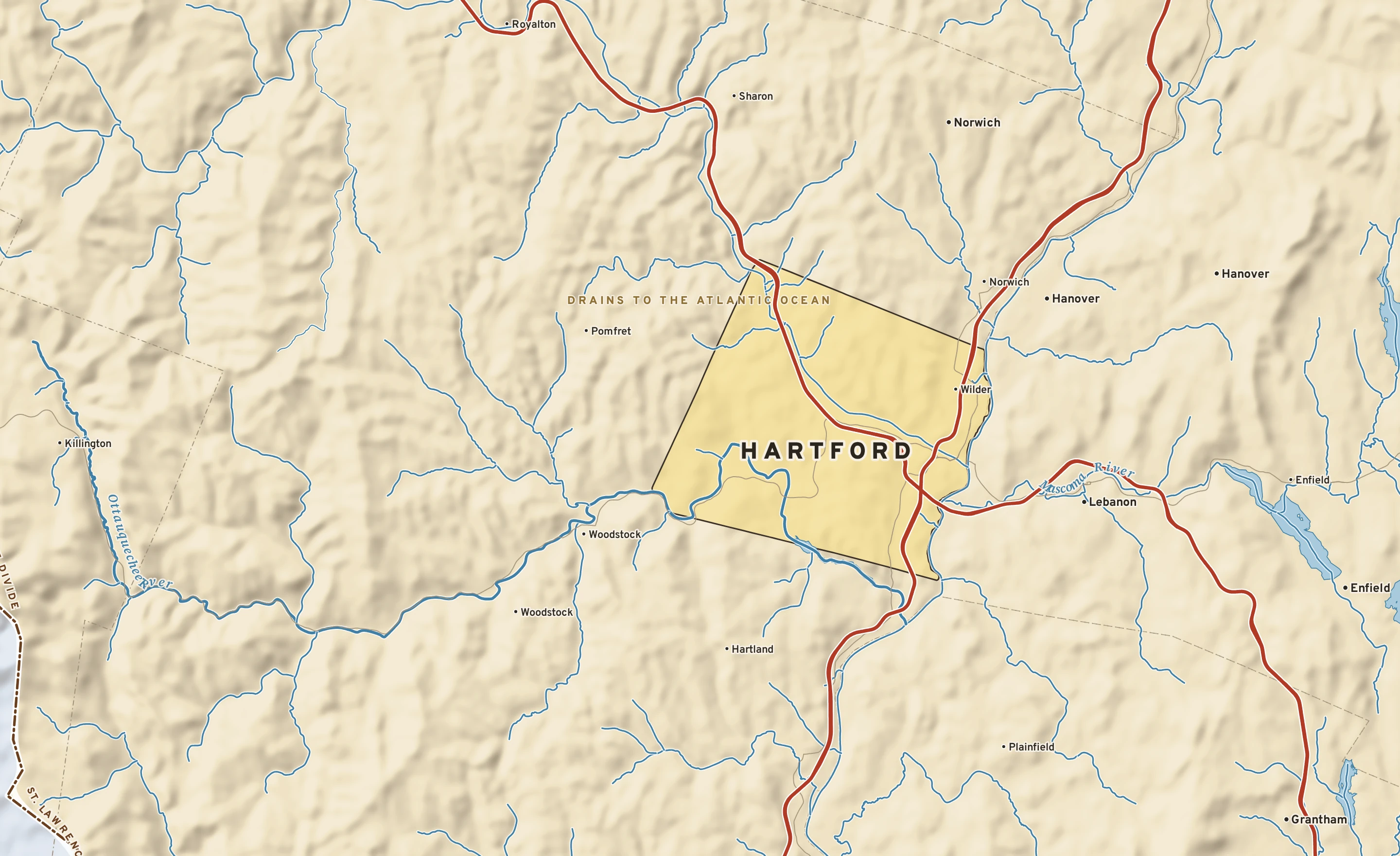 Shaded-relief atlas plate of Hartford, Vermont: rivers, roads, the city limits and where the water drains.