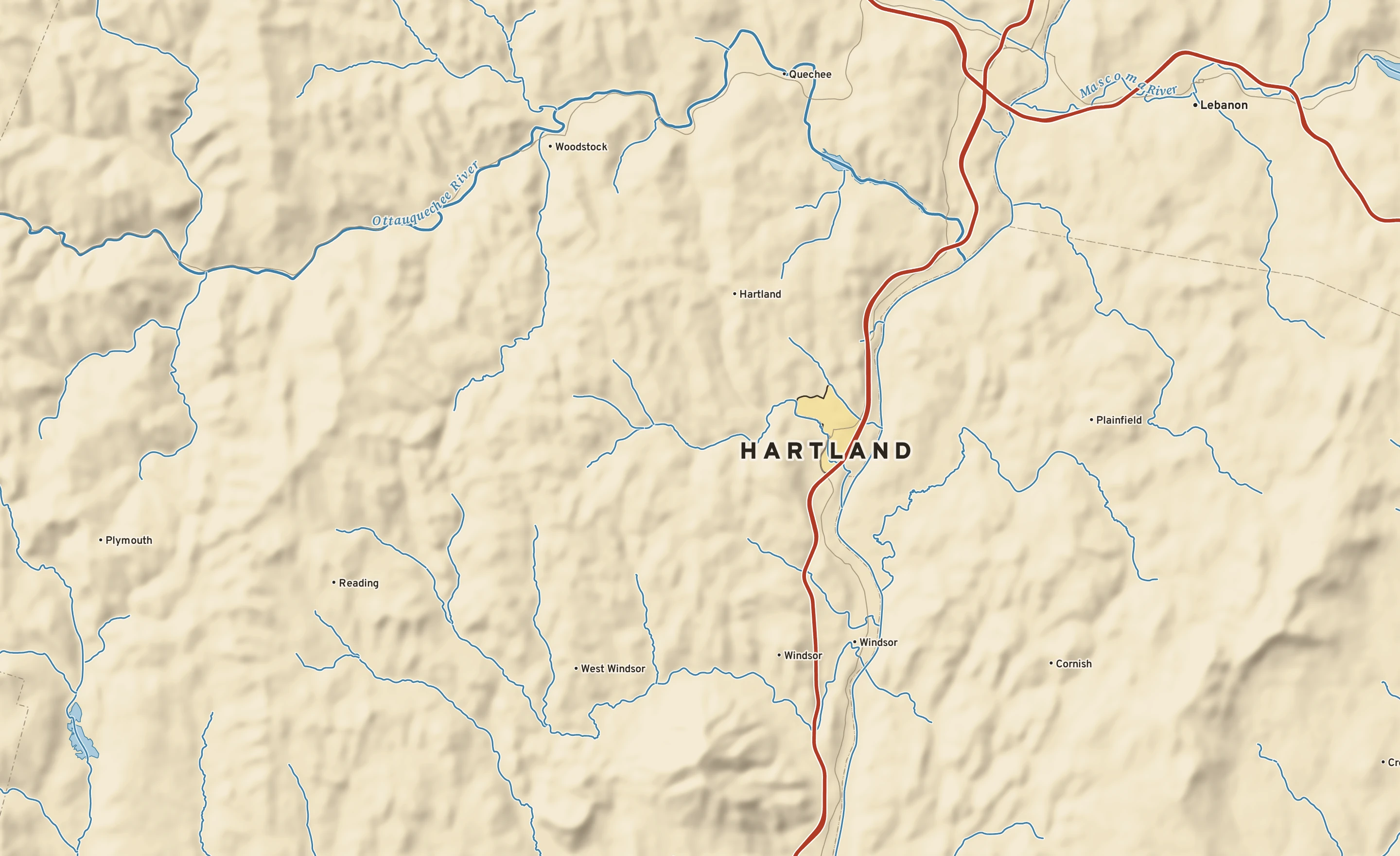 Shaded-relief atlas plate of Hartland, Vermont: rivers, roads, the city limits and where the water drains.