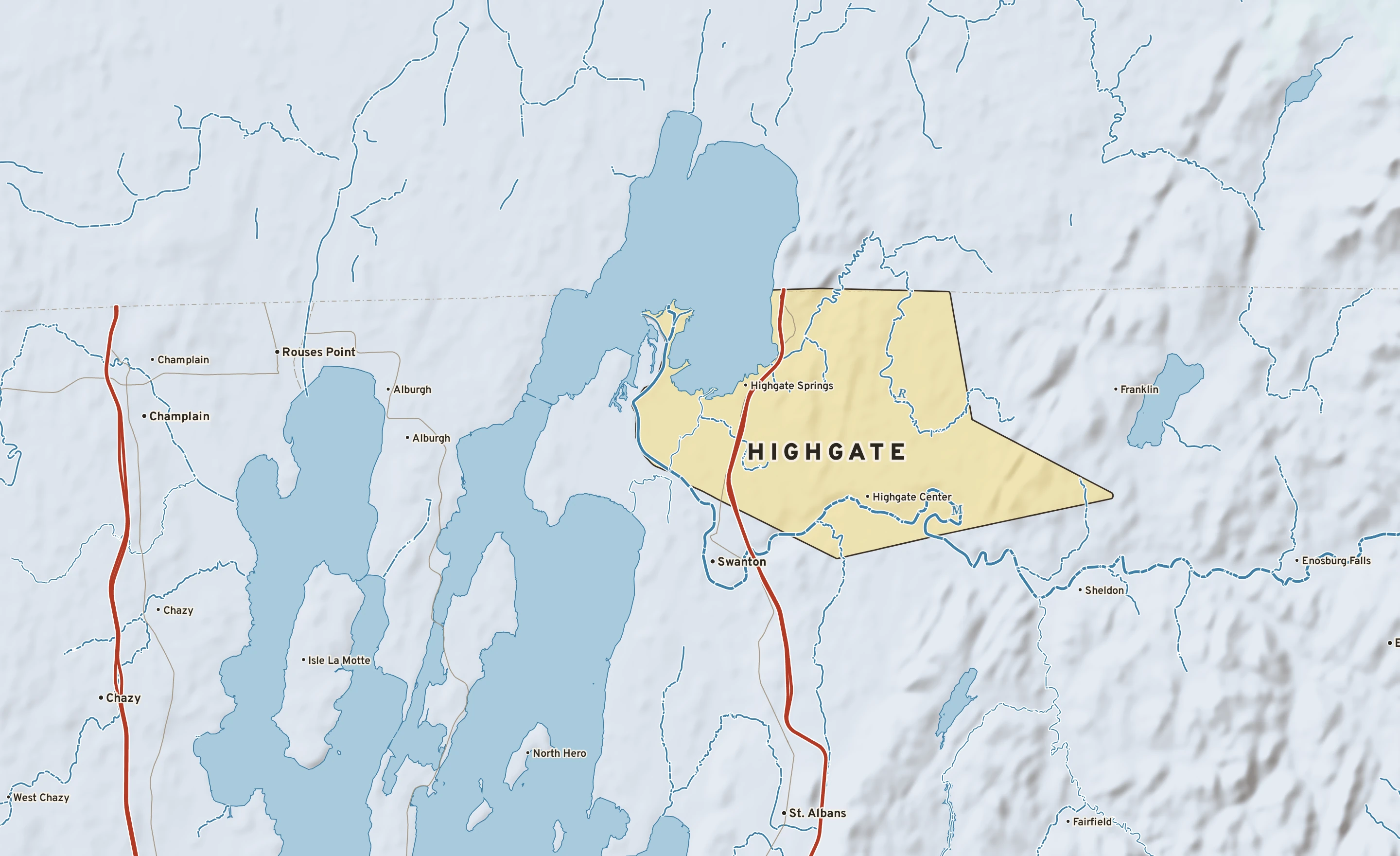 Shaded-relief atlas plate of Highgate, Vermont: rivers, roads, the city limits and where the water drains.
