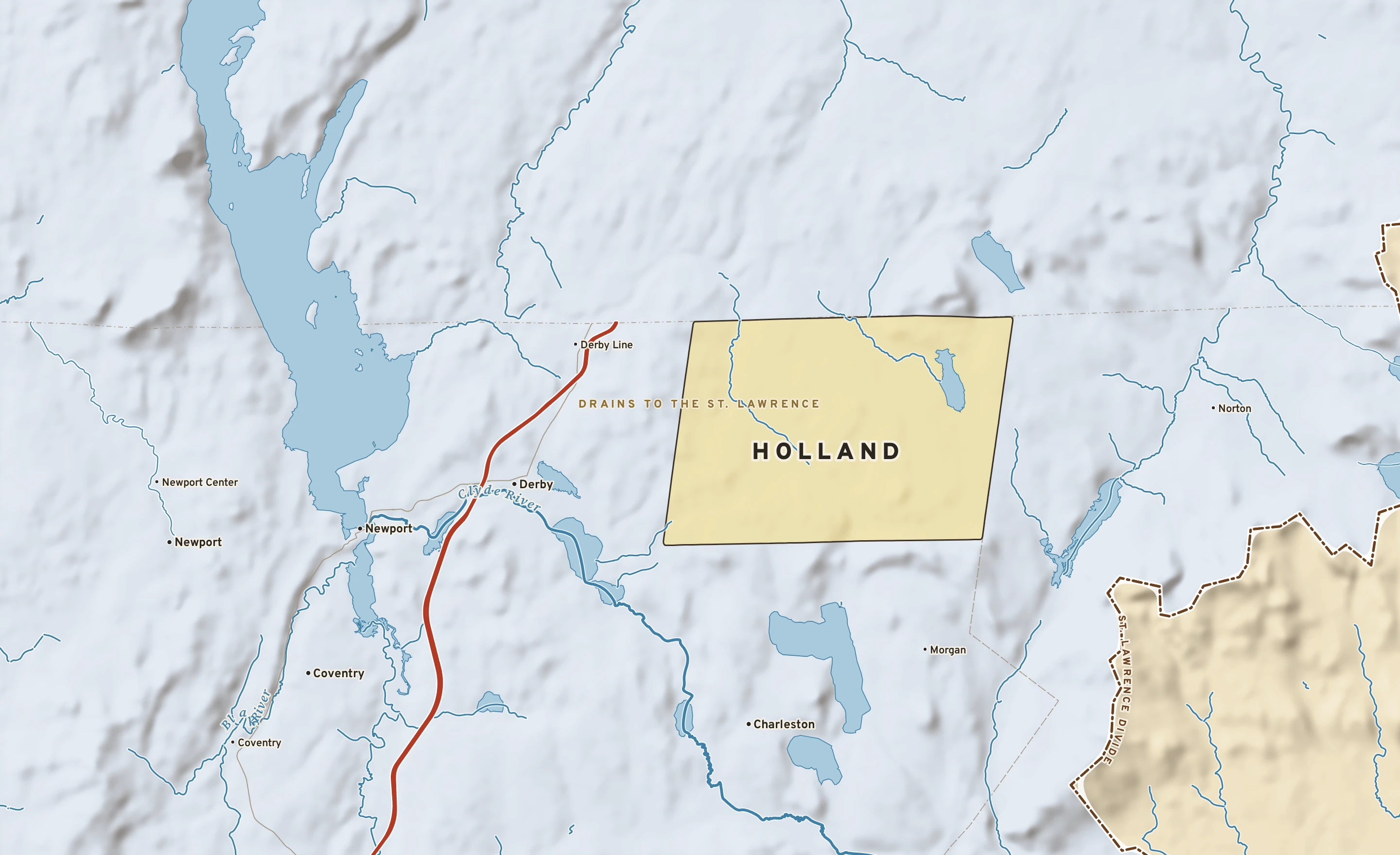 Shaded-relief atlas plate of Holland, Vermont: rivers, roads, the city limits and where the water drains.
