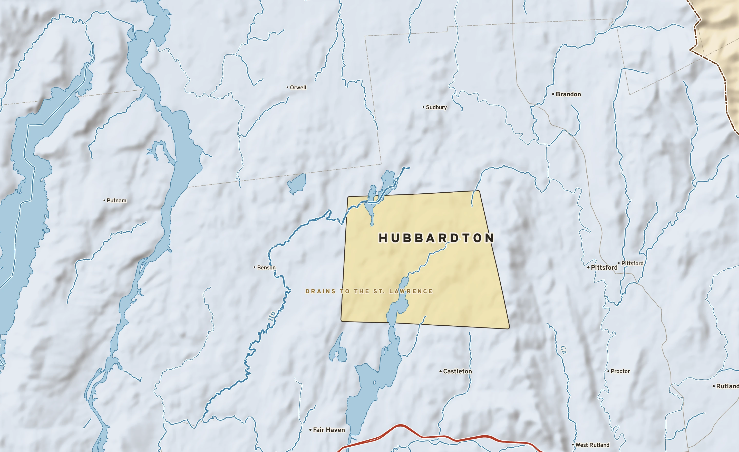 Shaded-relief atlas plate of Hubbardton, Vermont: rivers, roads, the city limits and where the water drains.