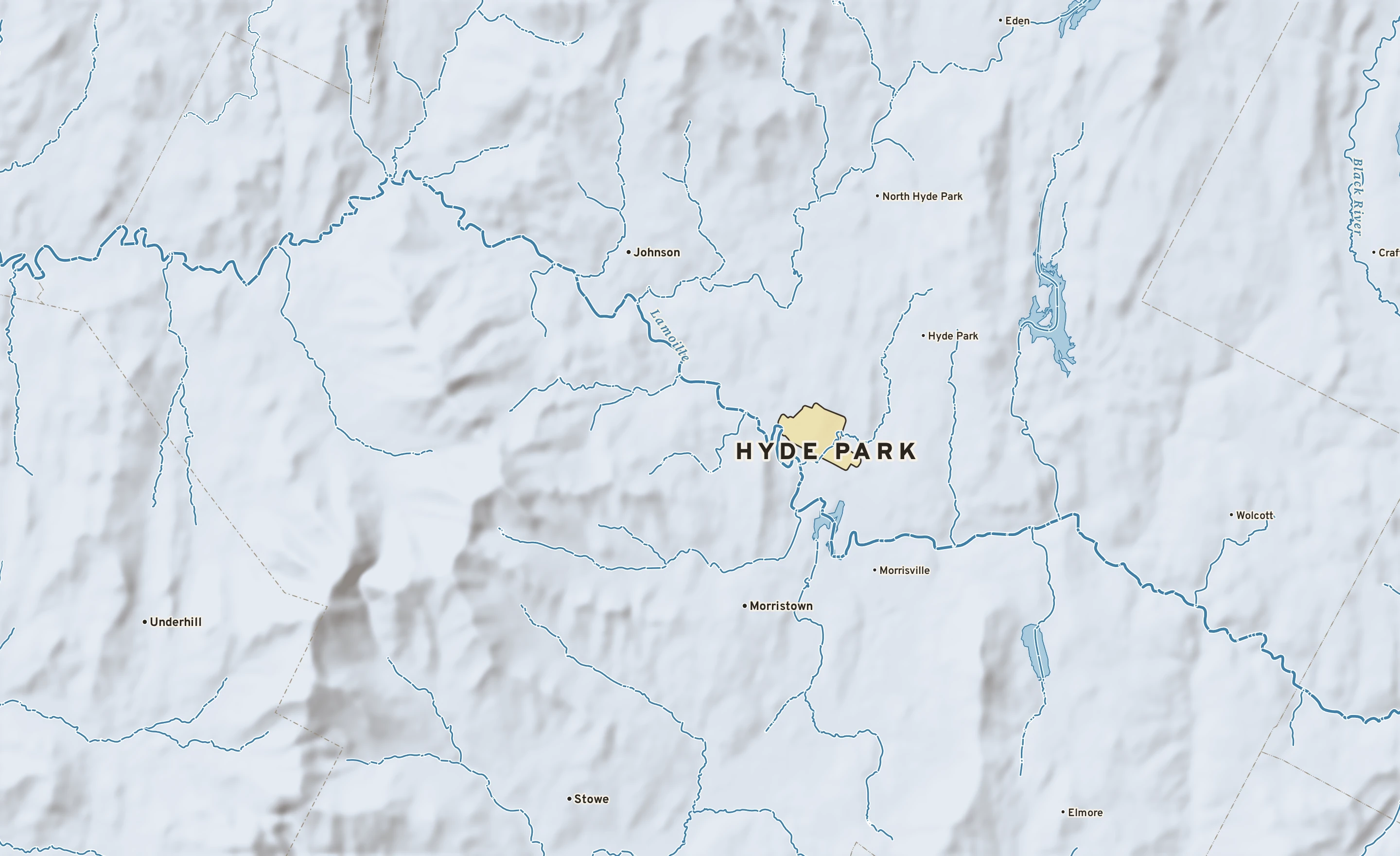 Shaded-relief atlas plate of Hyde Park, Vermont: rivers, roads, the city limits and where the water drains.