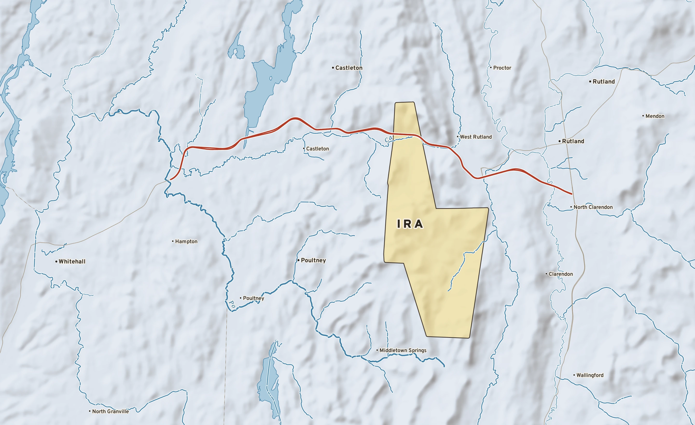Shaded-relief atlas plate of Ira, Vermont: rivers, roads, the city limits and where the water drains.