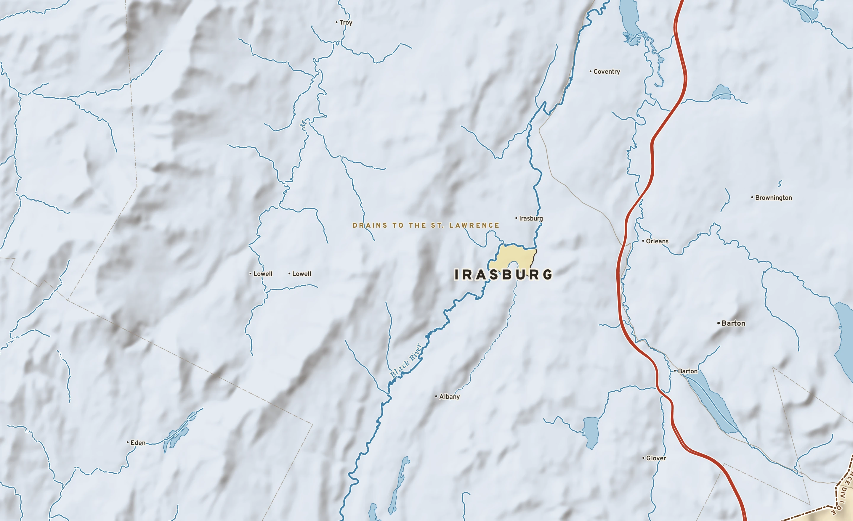 Shaded-relief atlas plate of Irasburg, Vermont: rivers, roads, the city limits and where the water drains.